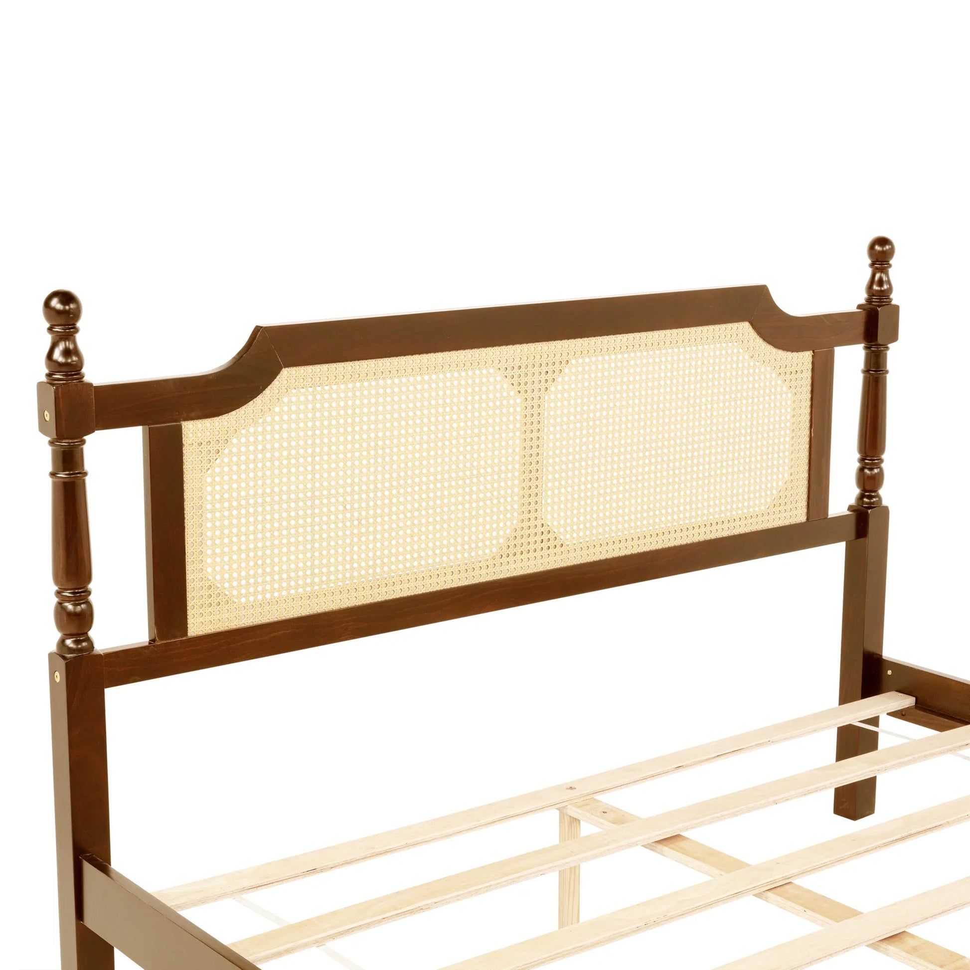 Queen Pine wooden Bed with Rattan Headboard and Footboard, with Central Enhanced Bed Platform, Walnut detail view 21