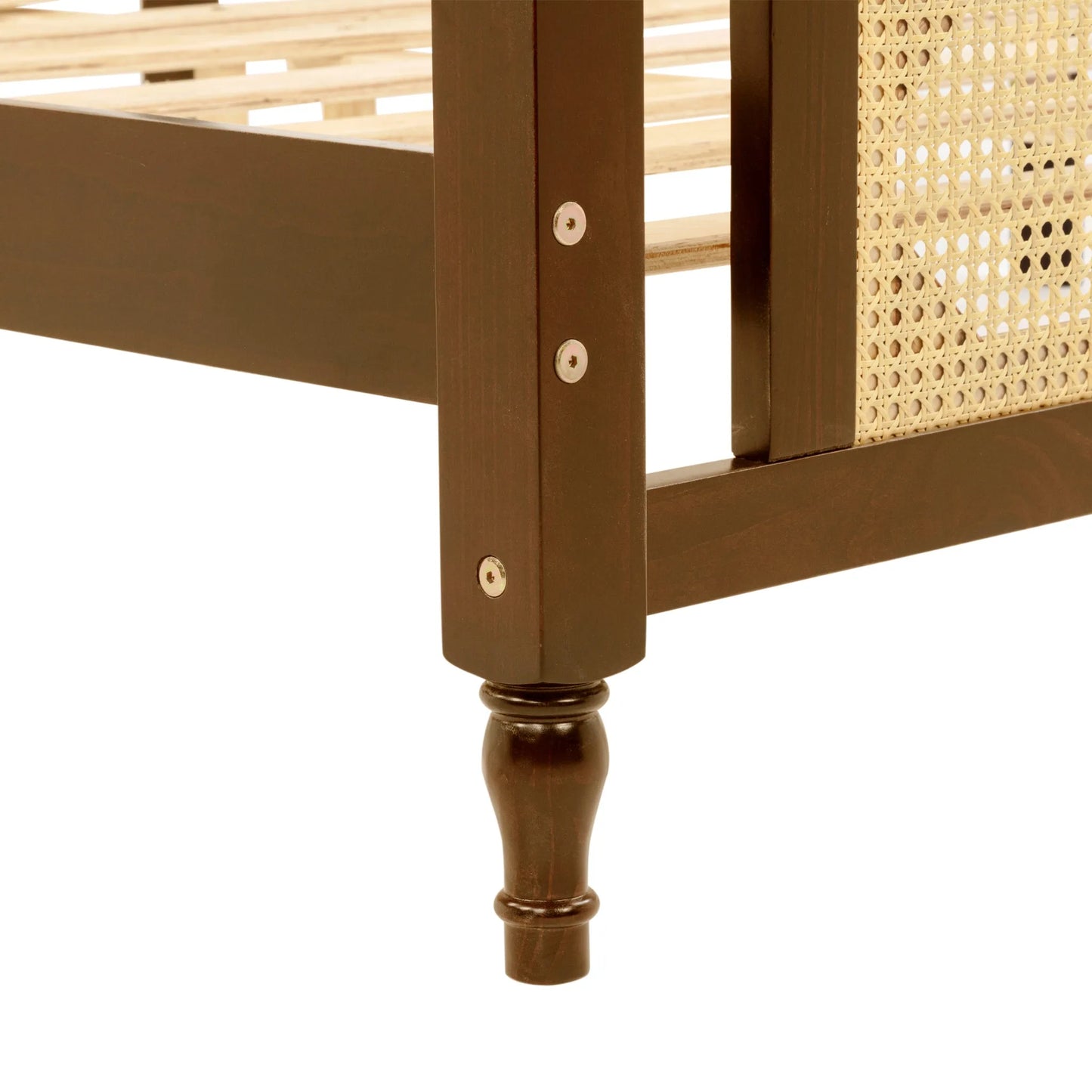 Queen Pine wooden Bed with Rattan Headboard and Footboard, with Central Enhanced Bed Platform, Walnut detail view 22