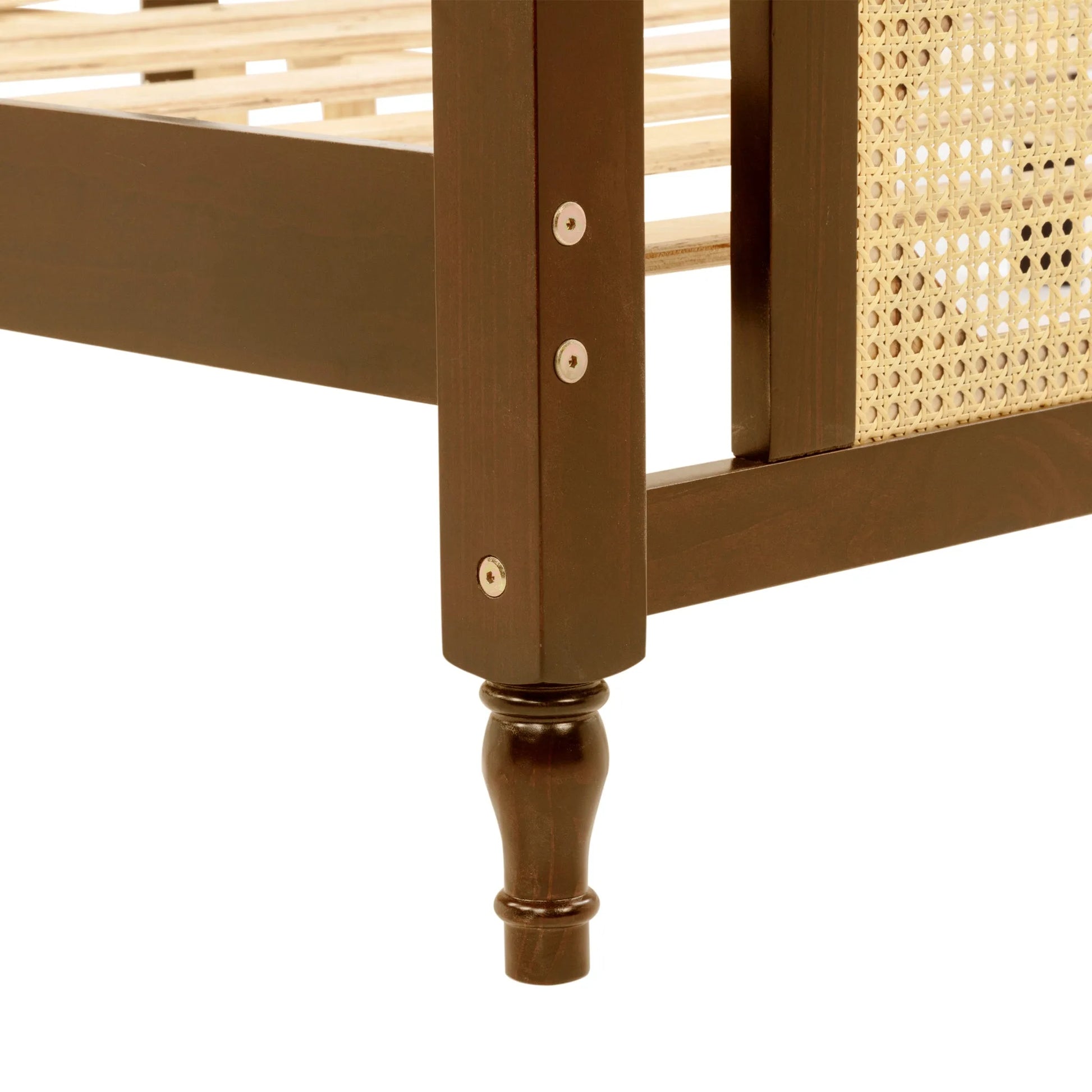 Queen Pine wooden Bed with Rattan Headboard and Footboard, with Central Enhanced Bed Platform, Walnut detail view 22