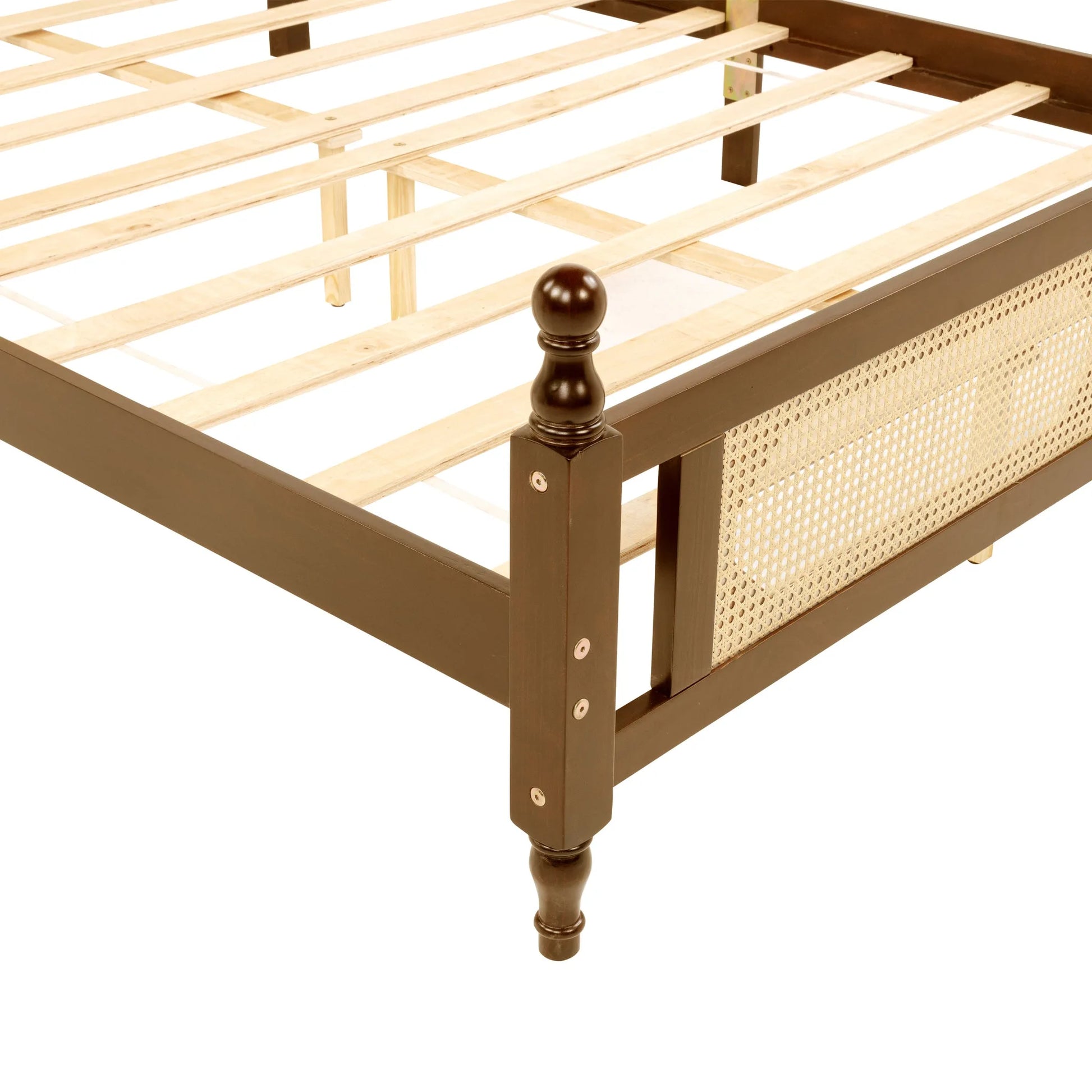 Queen Pine wooden Bed with Rattan Headboard and Footboard, with Central Enhanced Bed Platform, Walnut detail view 25