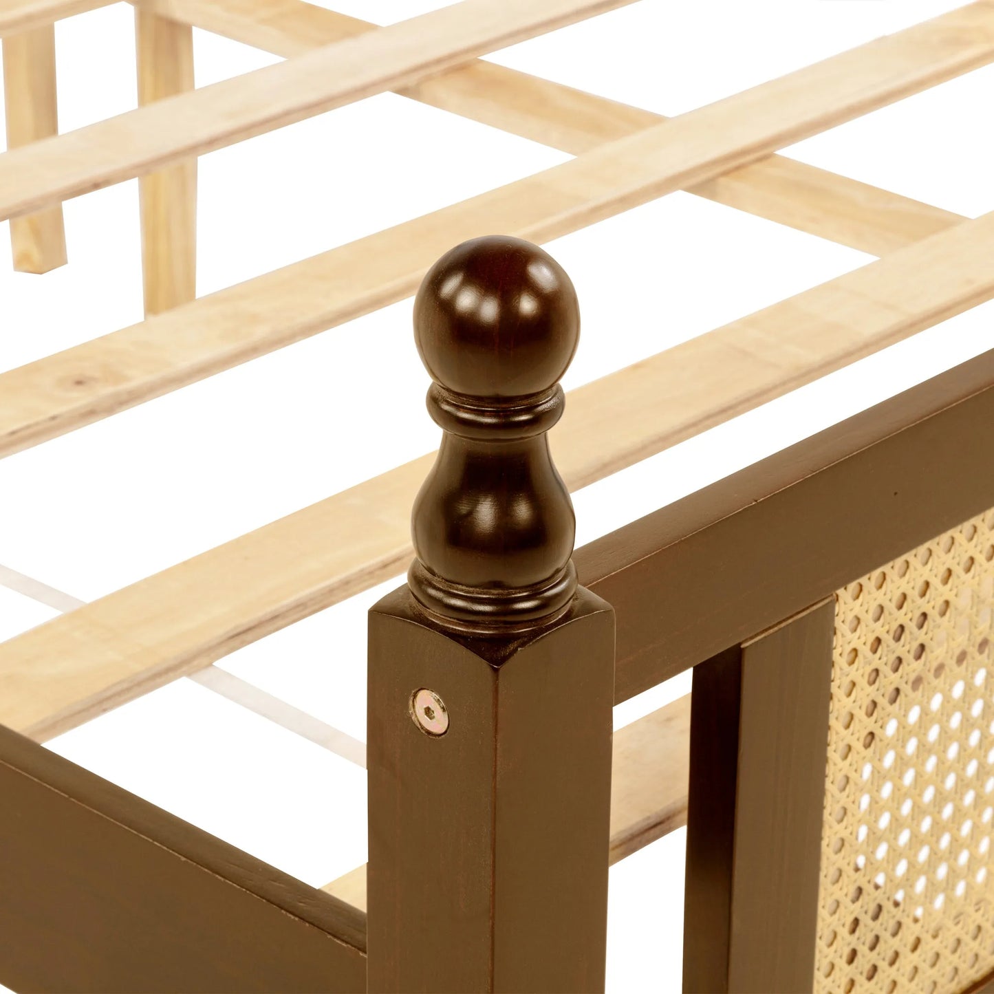 Queen Pine wooden Bed with Rattan Headboard and Footboard, with Central Enhanced Bed Platform, Walnut detail view 27