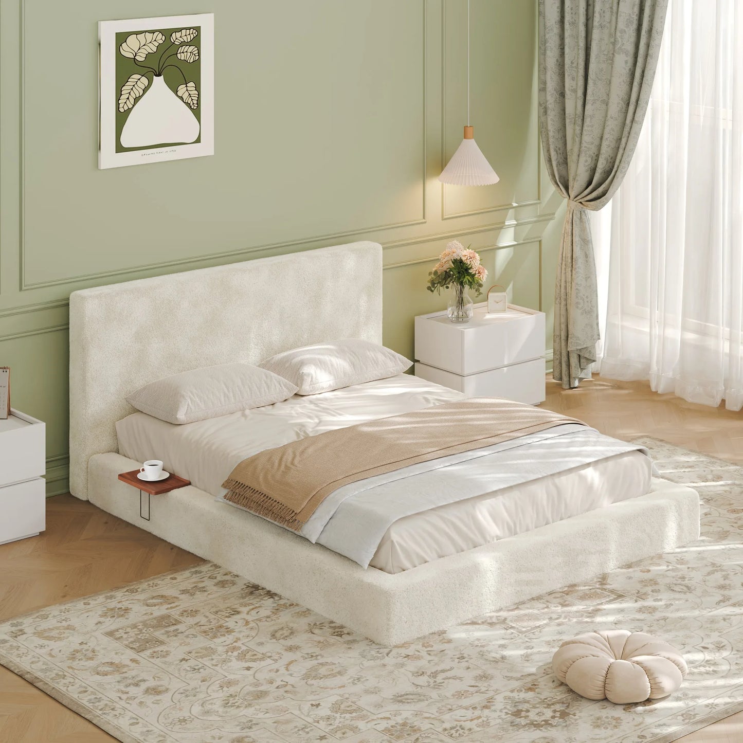 AirFrame Queen Bed Frame with adjustable Sliding Side Table, 8.7'' Cloud Upholstered Sponge Cushion, Easy Assembly (Off-White) lifestyle view