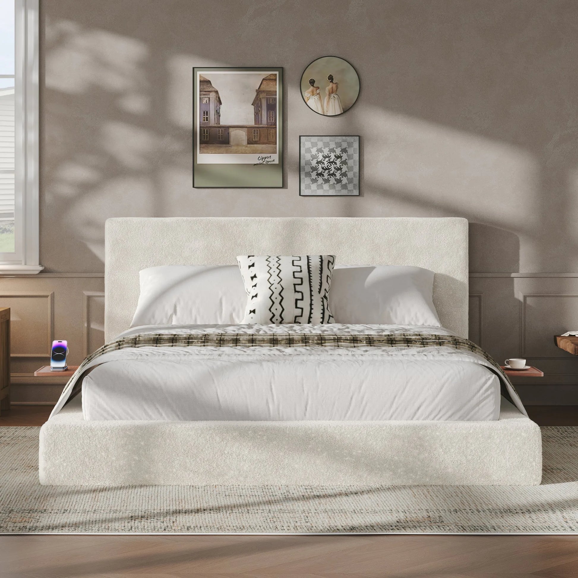 AirFrame Queen Bed Frame with adjustable Sliding Side Table, 8.7'' Cloud Upholstered Sponge Cushion, Easy Assembly (Off-White) detail view 2