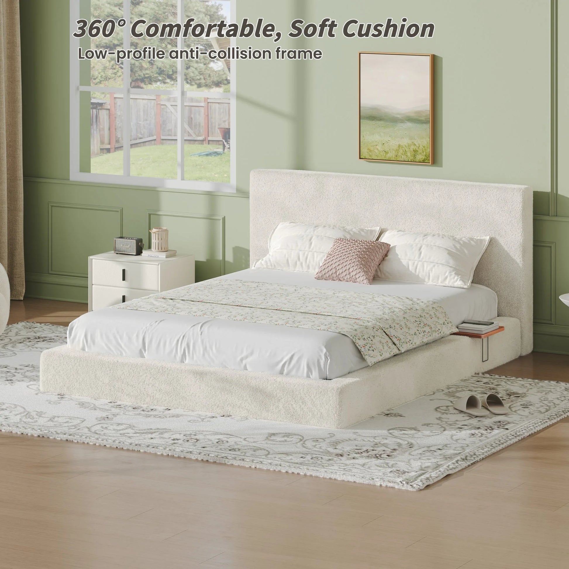 AirFrame Queen Bed Frame with adjustable Sliding Side Table, 8.7'' Cloud Upholstered Sponge Cushion, Easy Assembly (Off-White) detail view 3