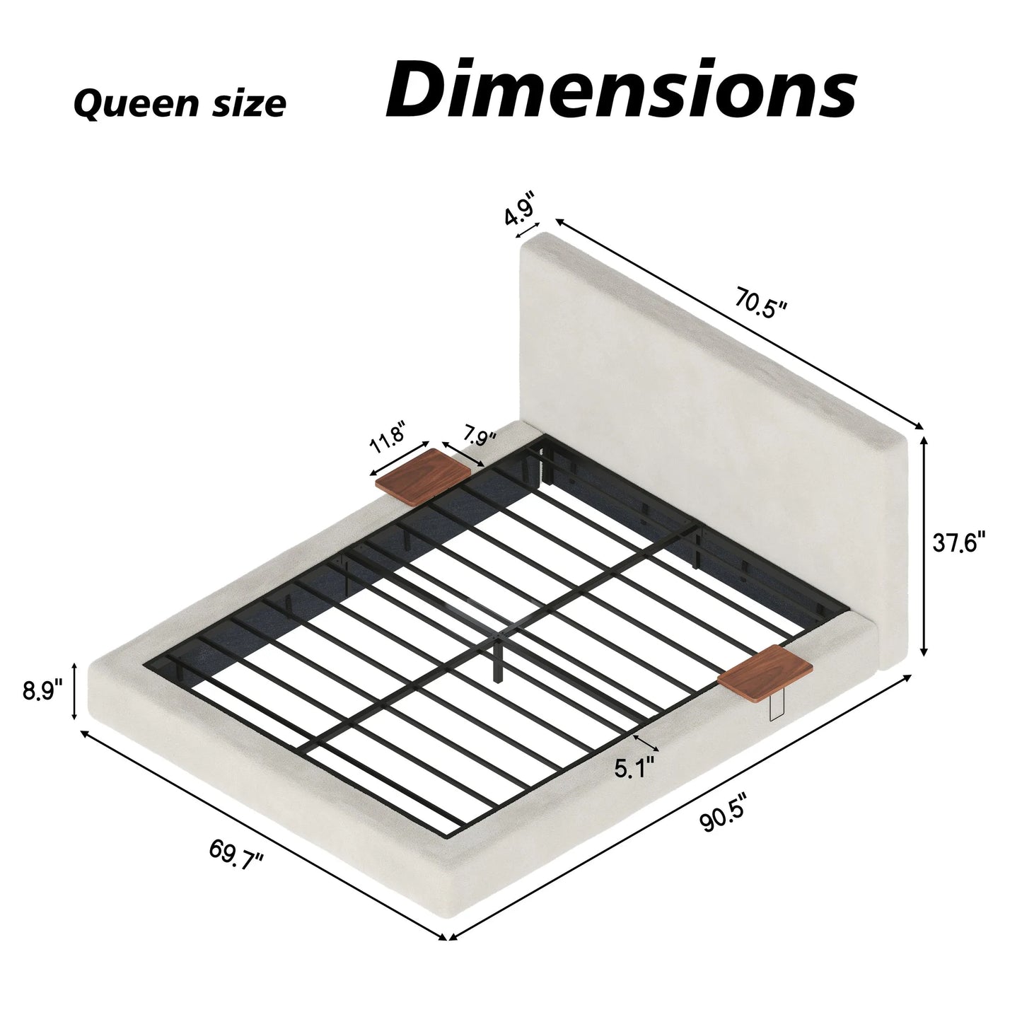 AirFrame Queen Bed Frame with adjustable Sliding Side Table, 8.7'' Cloud Upholstered Sponge Cushion, Easy Assembly (Off-White) detail view 8