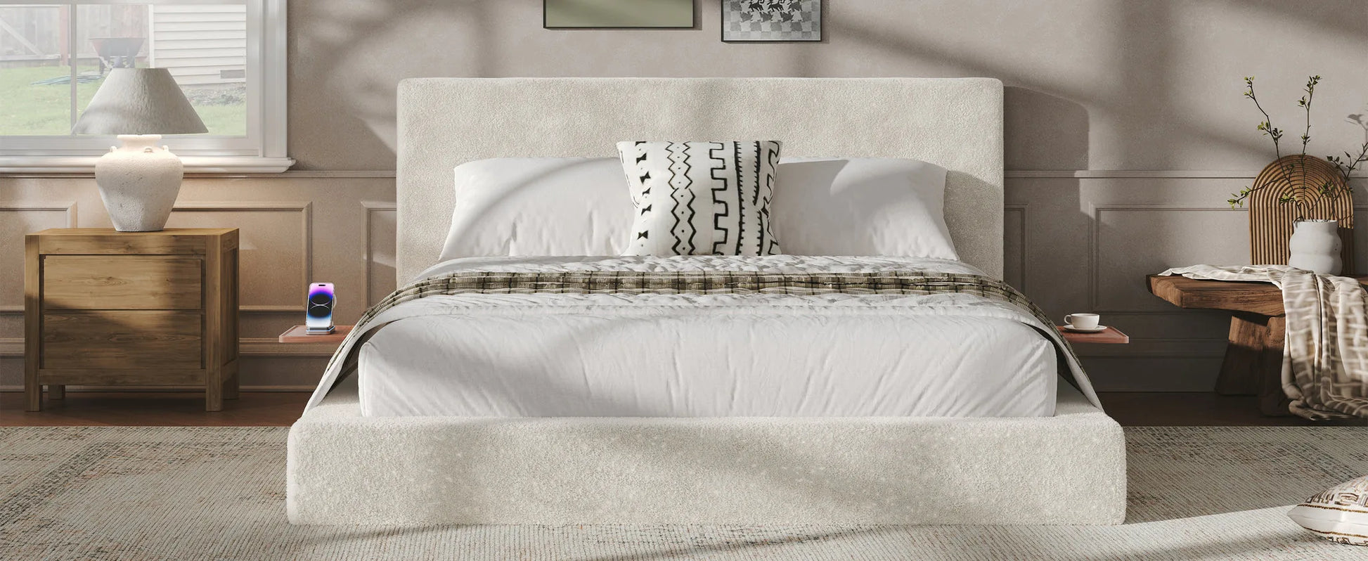 AirFrame Queen Bed Frame with adjustable Sliding Side Table, 8.7'' Cloud Upholstered Sponge Cushion, Easy Assembly (Off-White) detail view 12