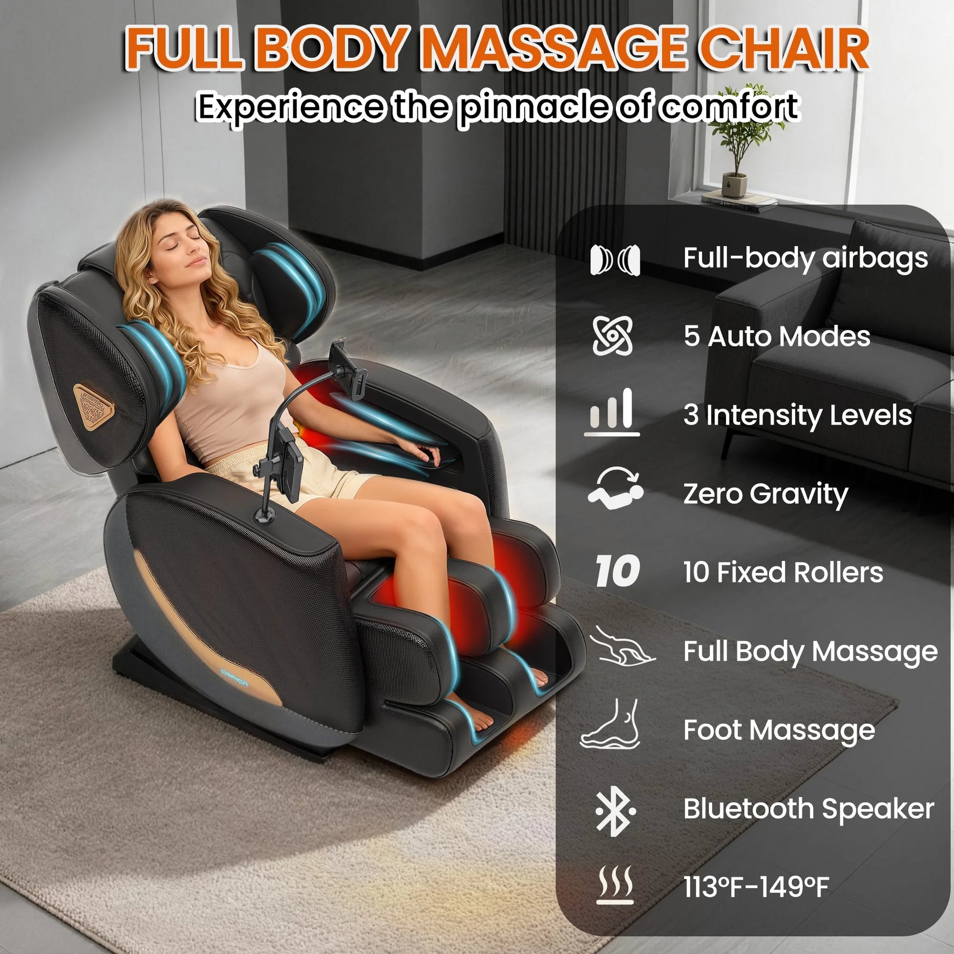 Massage Chair Full Body and Recliner, Zero Gravity Massage Chairs, 10 Fix Rollers, Airbags, Heating, Foot Massage, Auto Modes, Bluetooth Speaker and Touch Control Screen for Home and Office detail view 5