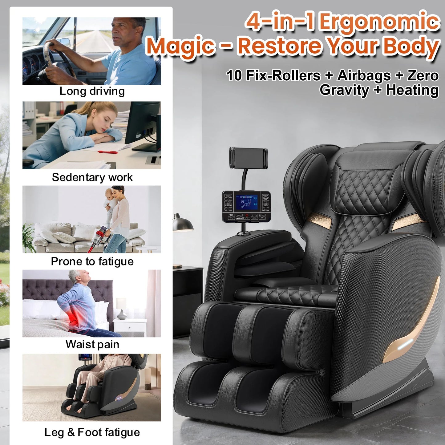 Massage Chair Full Body and Recliner, Zero Gravity Massage Chairs, 10 Fix Rollers, Airbags, Heating, Foot Massage, Auto Modes, Bluetooth Speaker and Touch Control Screen for Home and Office detail view 7