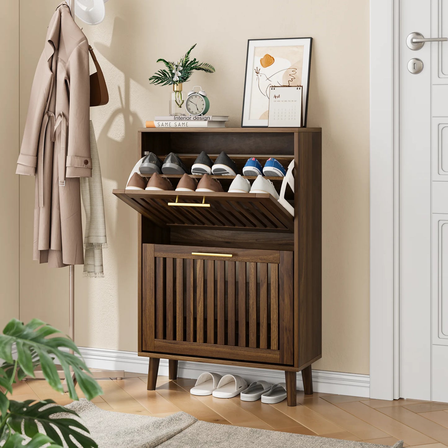 Medieval Modern Walnut Shoe Cabinet With 2 Flip Drawers And Fence Design, 23.6-Inch, MDF lifestyle view