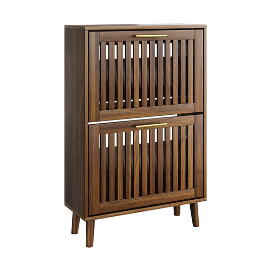 Medieval Modern Walnut Shoe Cabinet With 2 Flip Drawers And Fence Design, 23.6-Inch, MDF detail view 2