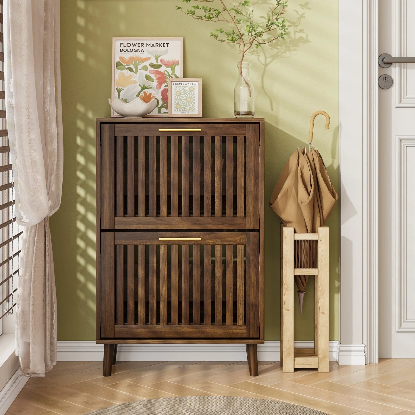 Medieval Modern Walnut Shoe Cabinet With 2 Flip Drawers And Fence Design, 23.6-Inch, MDF detail view 3