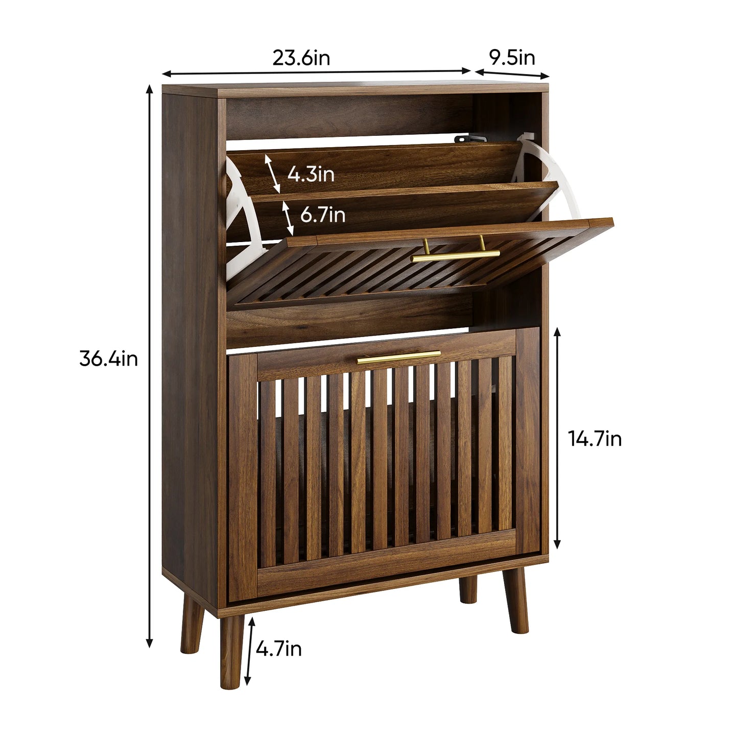 Medieval Modern Walnut Shoe Cabinet With 2 Flip Drawers And Fence Design, 23.6-Inch, MDF detail view 4