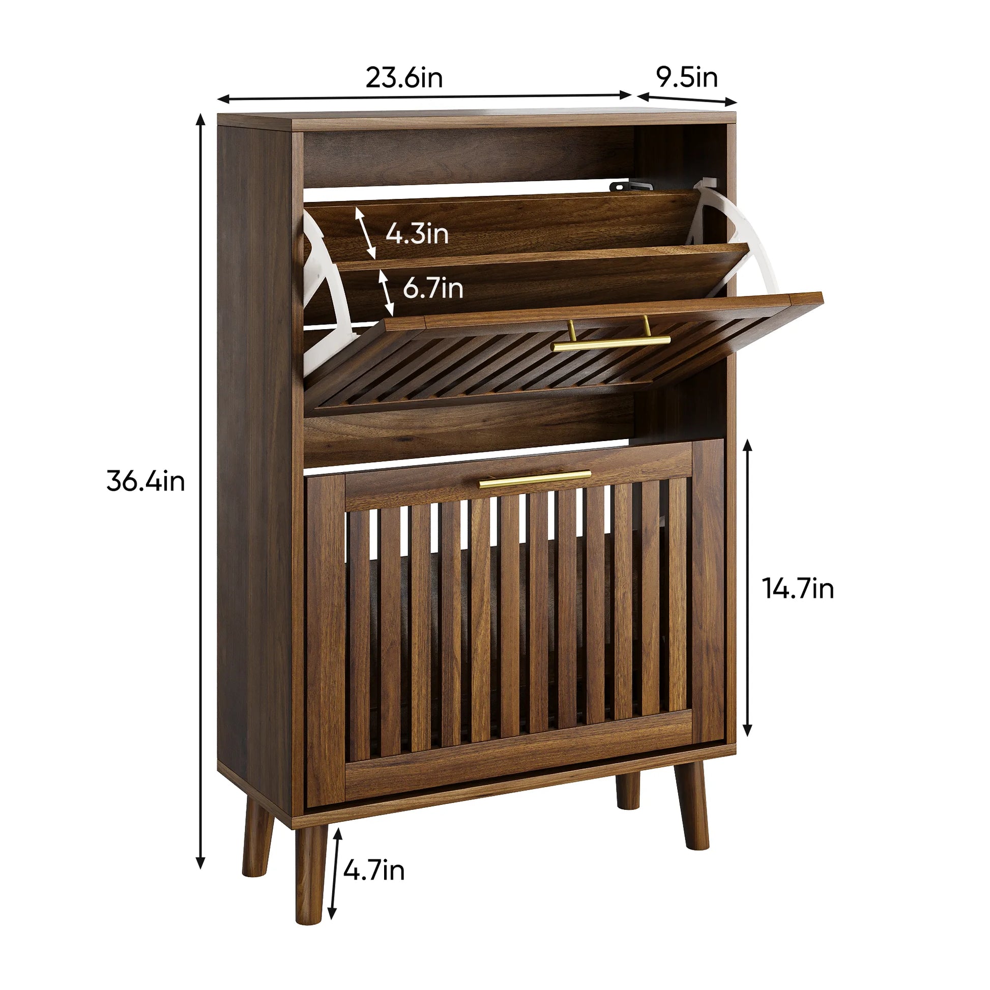 Medieval Modern Walnut Shoe Cabinet With 2 Flip Drawers And Fence Design, 23.6-Inch, MDF detail view 4