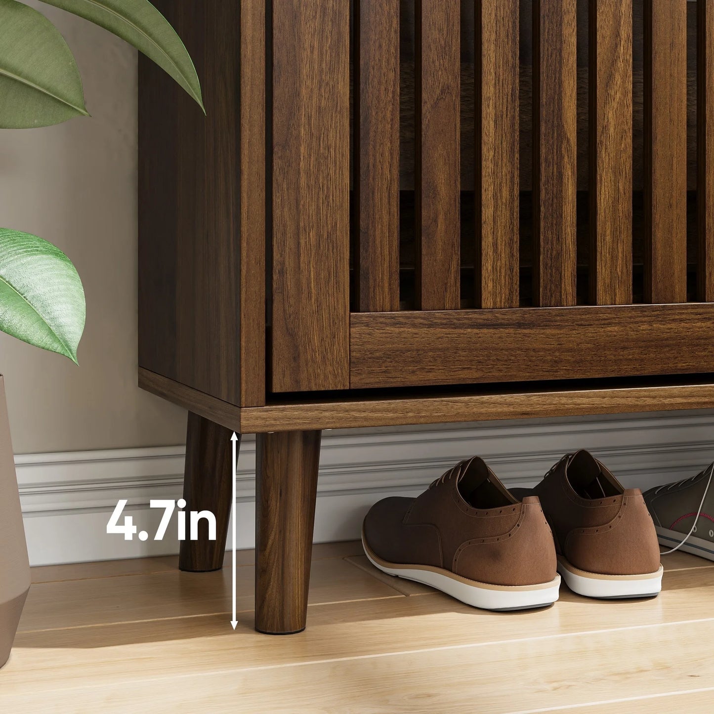 Medieval Modern Walnut Shoe Cabinet With 2 Flip Drawers And Fence Design, 23.6-Inch, MDF detail view 7