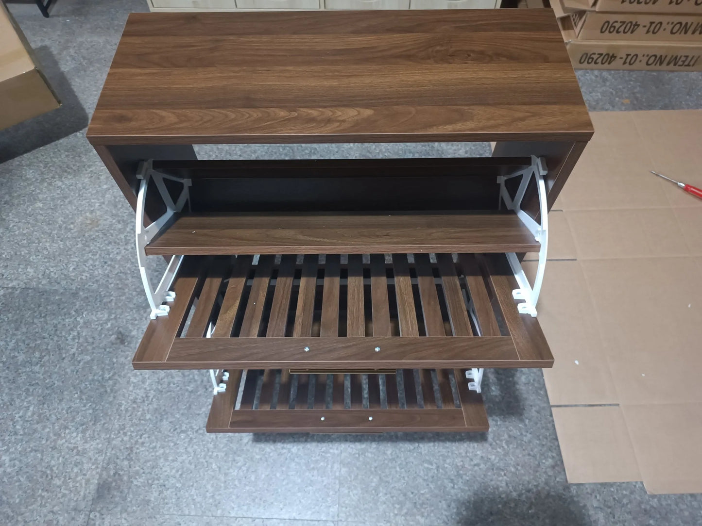 Medieval Modern Walnut Shoe Cabinet With 2 Flip Drawers And Fence Design, 23.6-Inch, MDF detail view 12