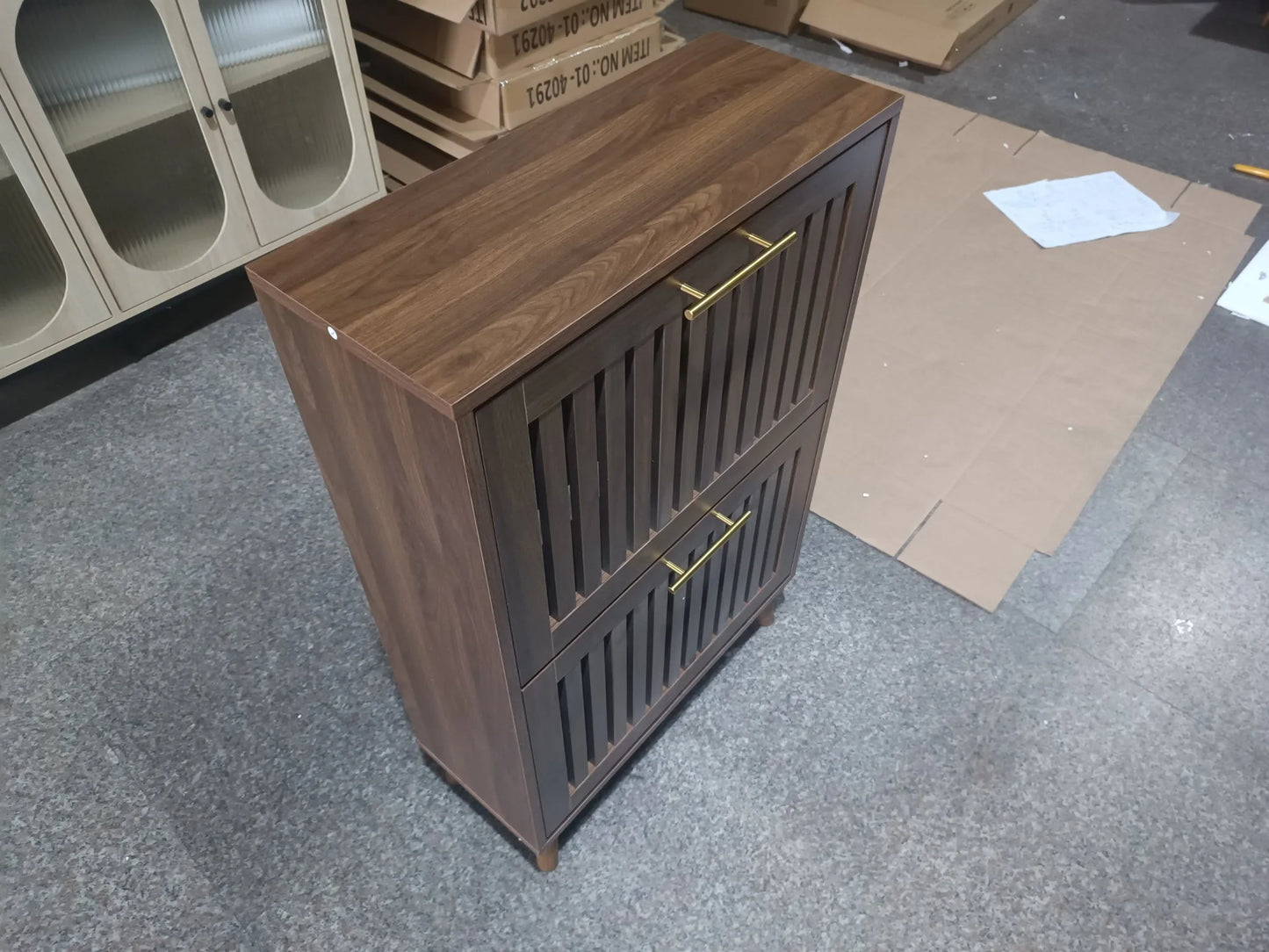 Medieval Modern Walnut Shoe Cabinet With 2 Flip Drawers And Fence Design, 23.6-Inch, MDF detail view 14