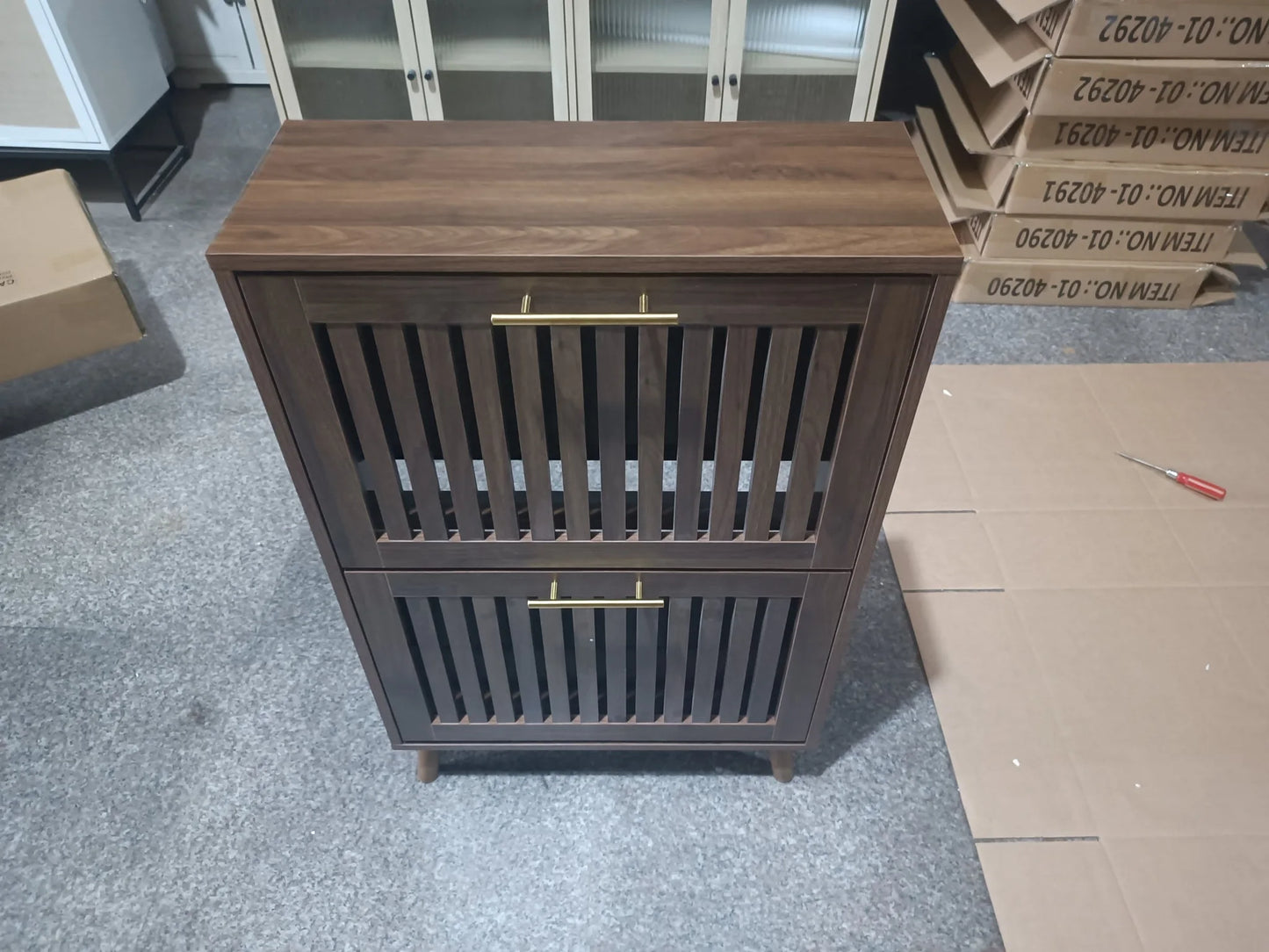 Medieval Modern Walnut Shoe Cabinet With 2 Flip Drawers And Fence Design, 23.6-Inch, MDF detail view 16