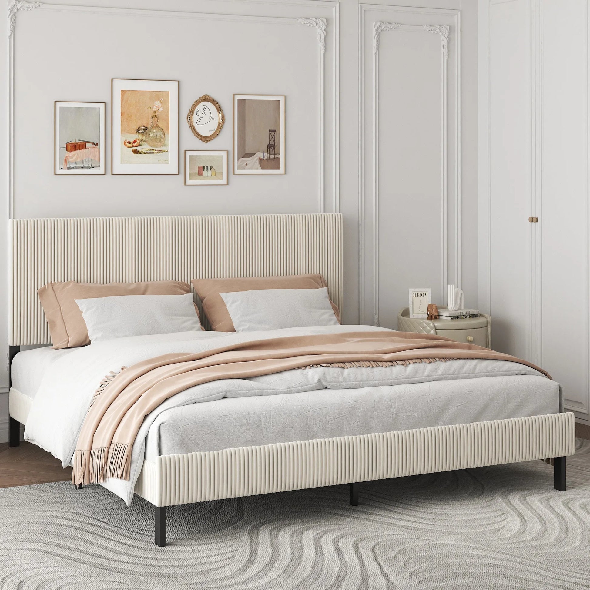 King bed frame with a bandaged headboard is stable and easy to assemble, and the style is simple and elegant, beige lifestyle view