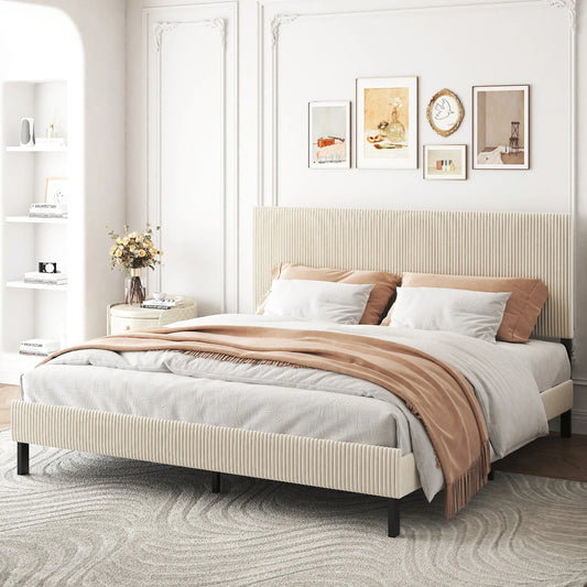 King bed frame with a bandaged headboard is stable and easy to assemble, and the style is simple and elegant, beige detail view 2