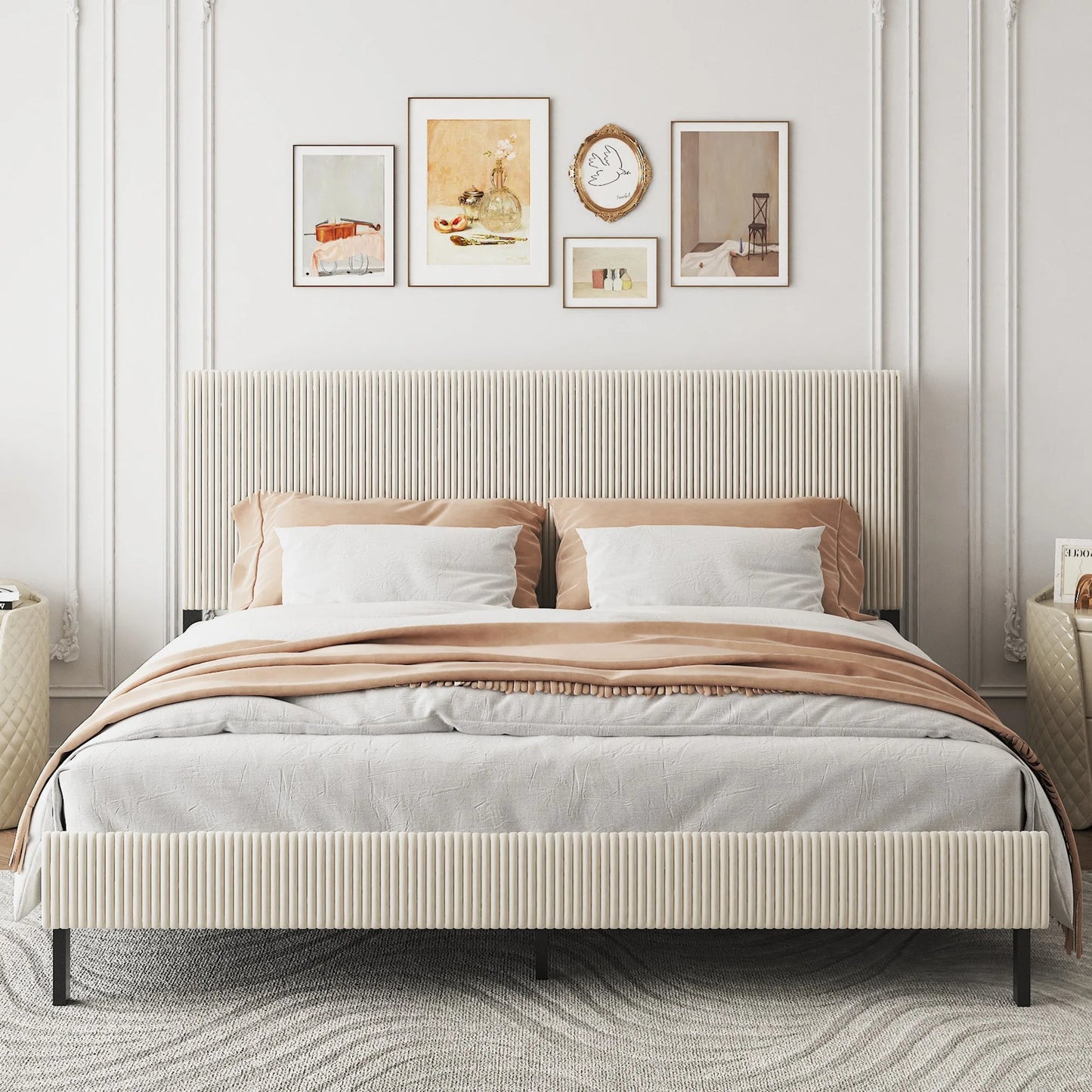 King bed frame with a bandaged headboard is stable and easy to assemble, and the style is simple and elegant, beige detail view 3