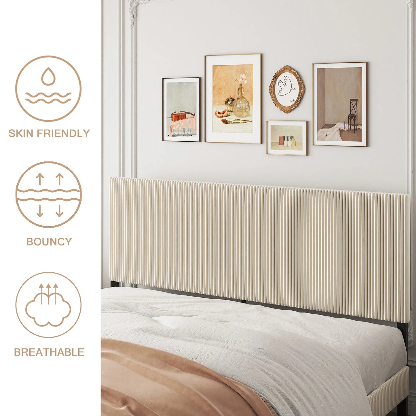 King bed frame with a bandaged headboard is stable and easy to assemble, and the style is simple and elegant, beige detail view 4
