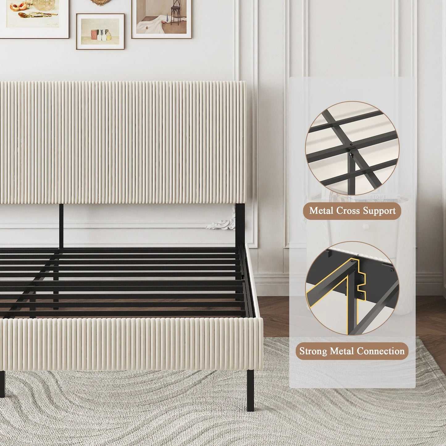 King bed frame with a bandaged headboard is stable and easy to assemble, and the style is simple and elegant, beige detail view 8
