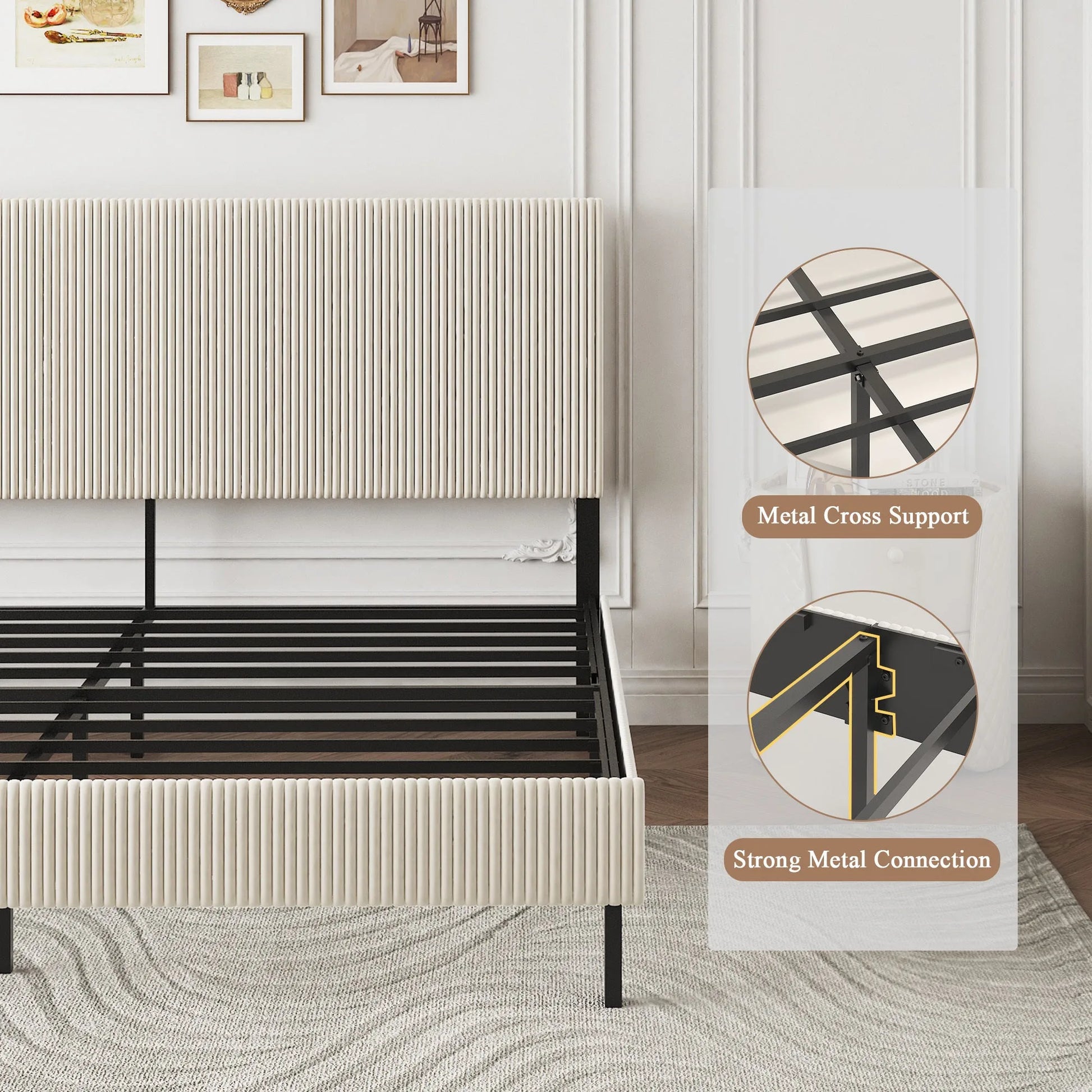 King bed frame with a bandaged headboard is stable and easy to assemble, and the style is simple and elegant, beige detail view 8