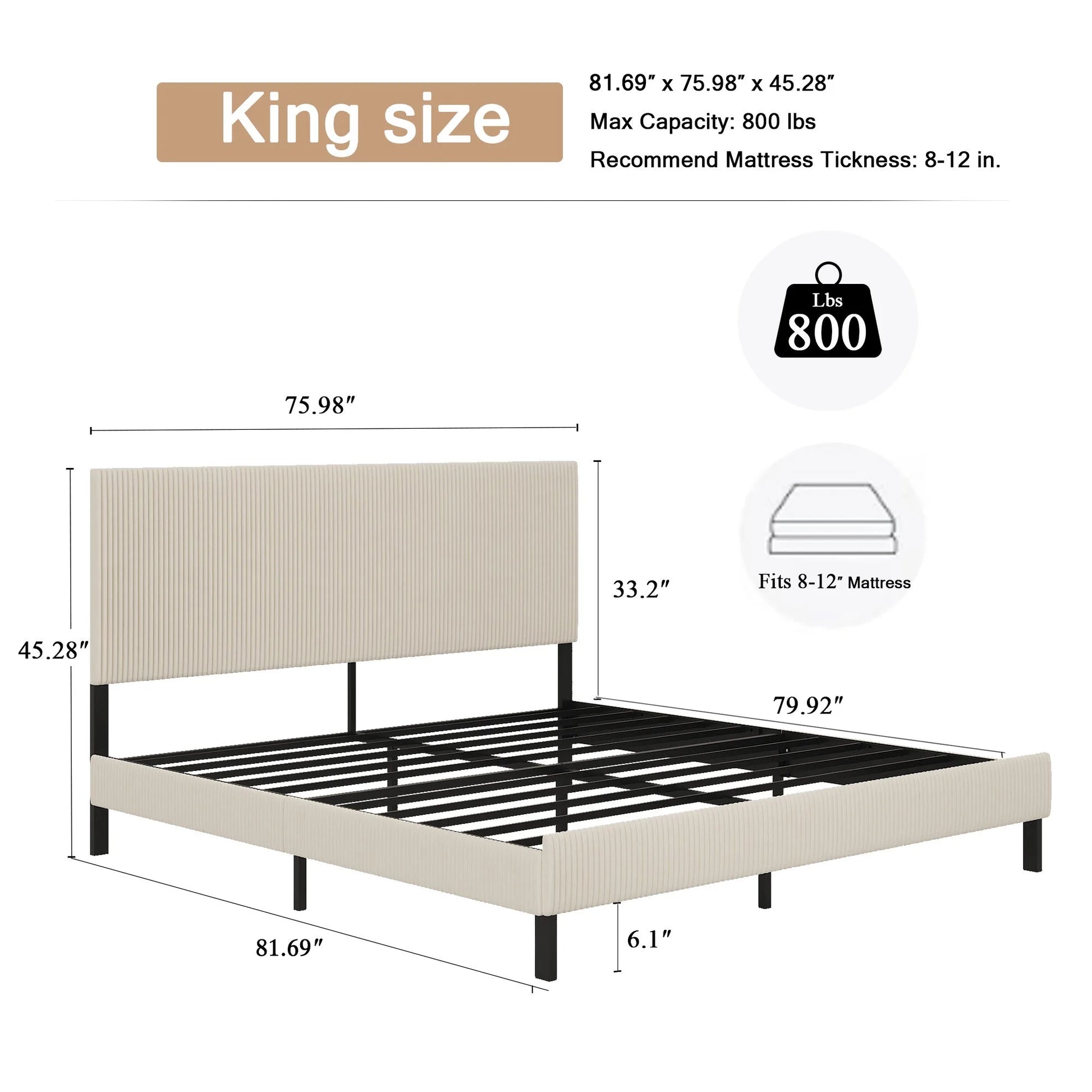 King bed frame with a bandaged headboard is stable and easy to assemble, and the style is simple and elegant, beige detail view 9
