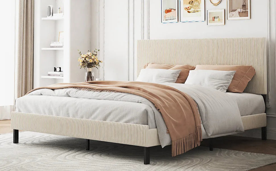 King bed frame with a bandaged headboard is stable and easy to assemble, and the style is simple and elegant, beige detail view 10