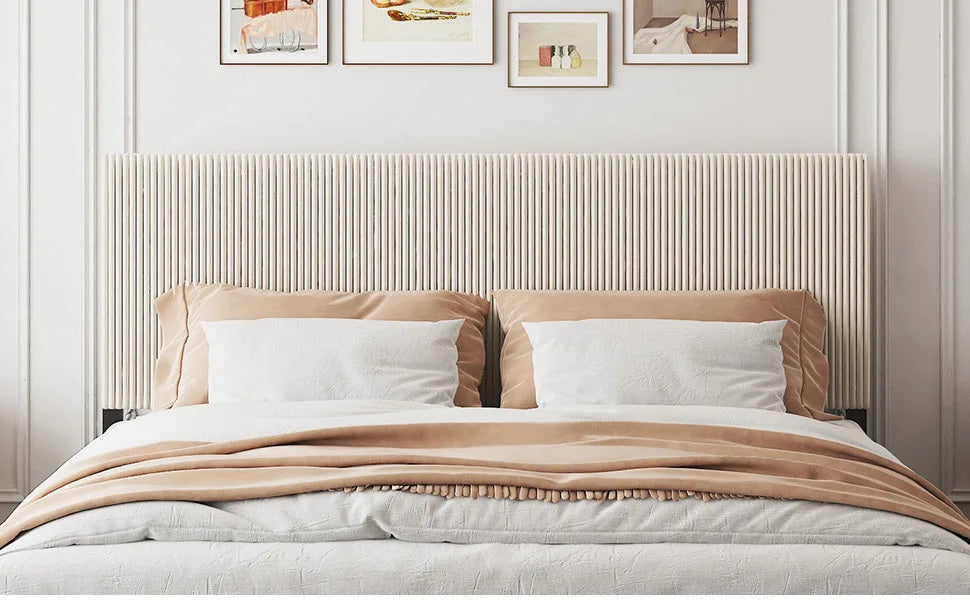 King bed frame with a bandaged headboard is stable and easy to assemble, and the style is simple and elegant, beige detail view 11