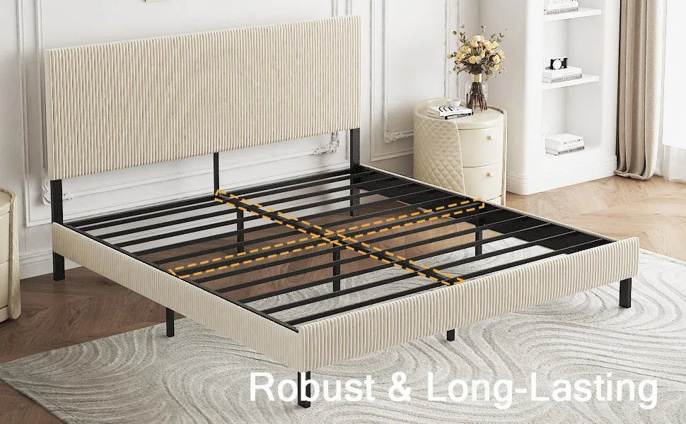King bed frame with a bandaged headboard is stable and easy to assemble, and the style is simple and elegant, beige detail view 13
