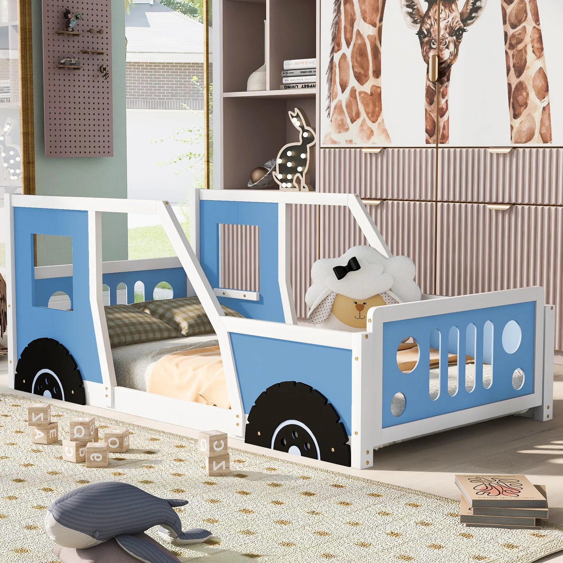 Blue Twin Size Classic Car-Shaped Platform Bed with Wheels, Pine Wood and MDF, 77.4''L x 41.7''W x 32''H lifestyle view