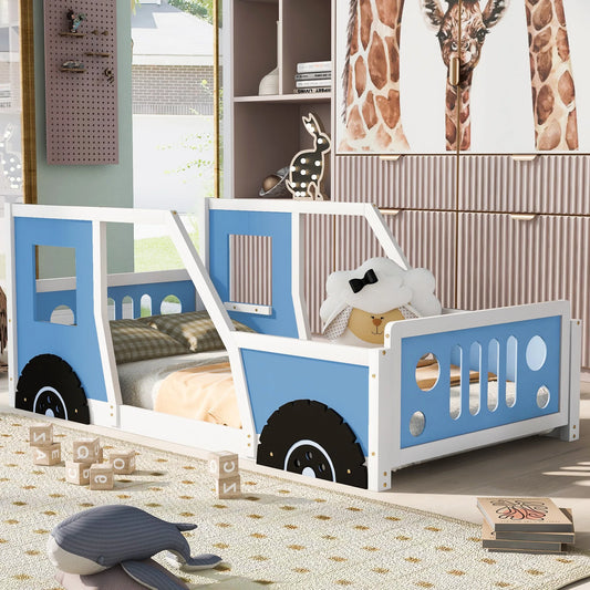 Blue Twin Size Classic Car-Shaped Platform Bed with Wheels, Pine Wood and MDF, 77.4''L x 41.7''W x 32''H lifestyle view