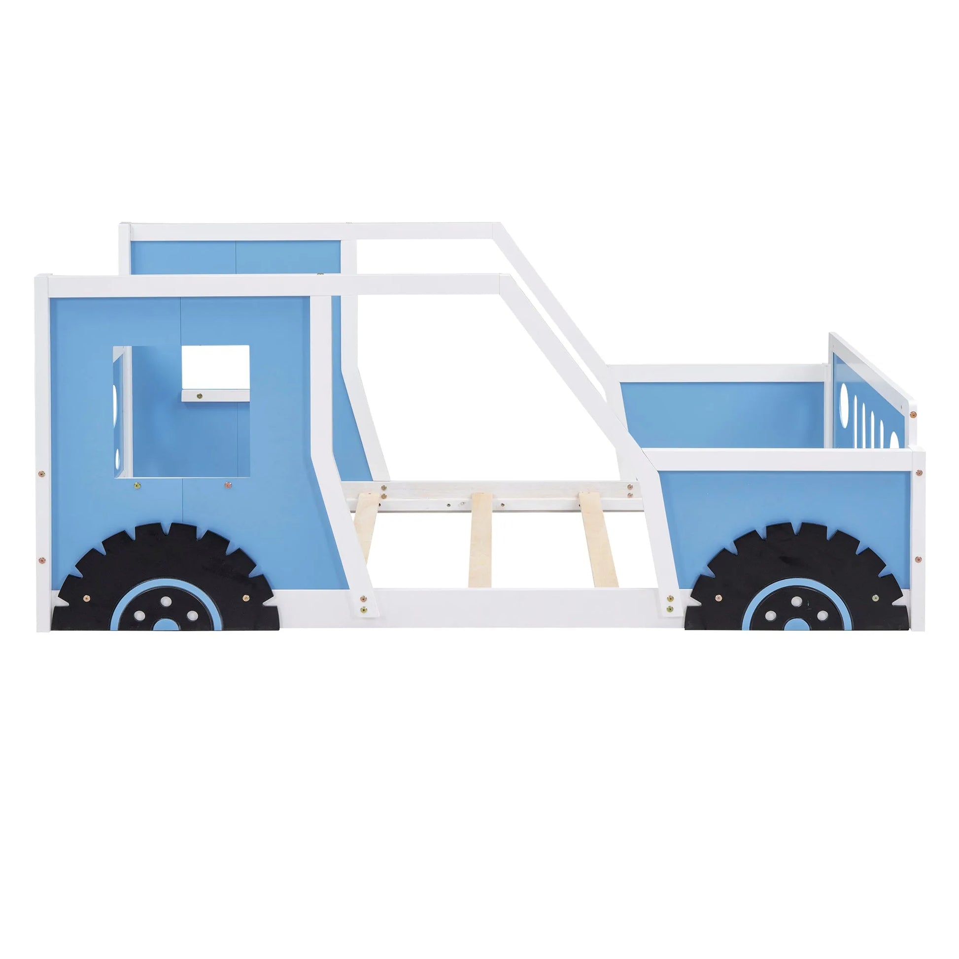 Blue Twin Size Classic Car-Shaped Platform Bed with Wheels, Pine Wood and MDF, 77.4''L x 41.7''W x 32''H detail view 2