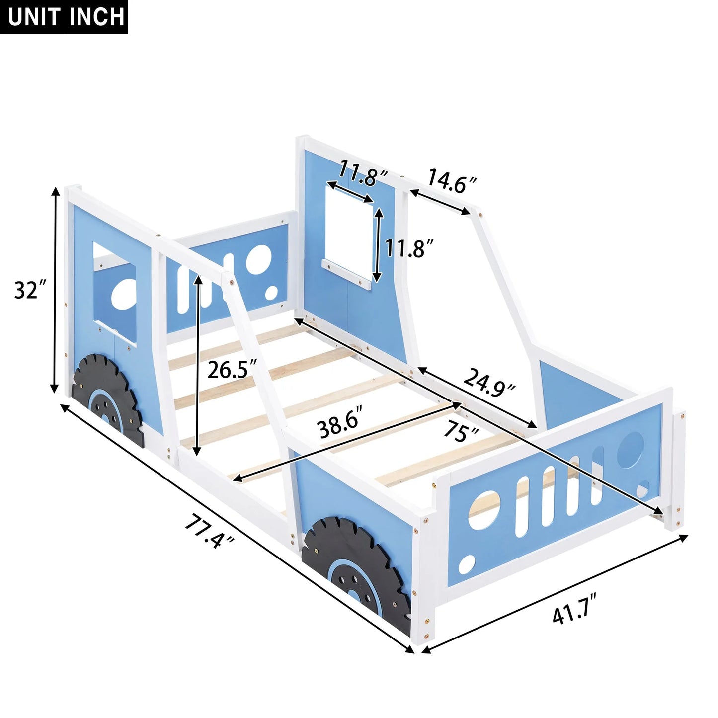 Blue Twin Size Classic Car-Shaped Platform Bed with Wheels, Pine Wood and MDF, 77.4''L x 41.7''W x 32''H detail view 3