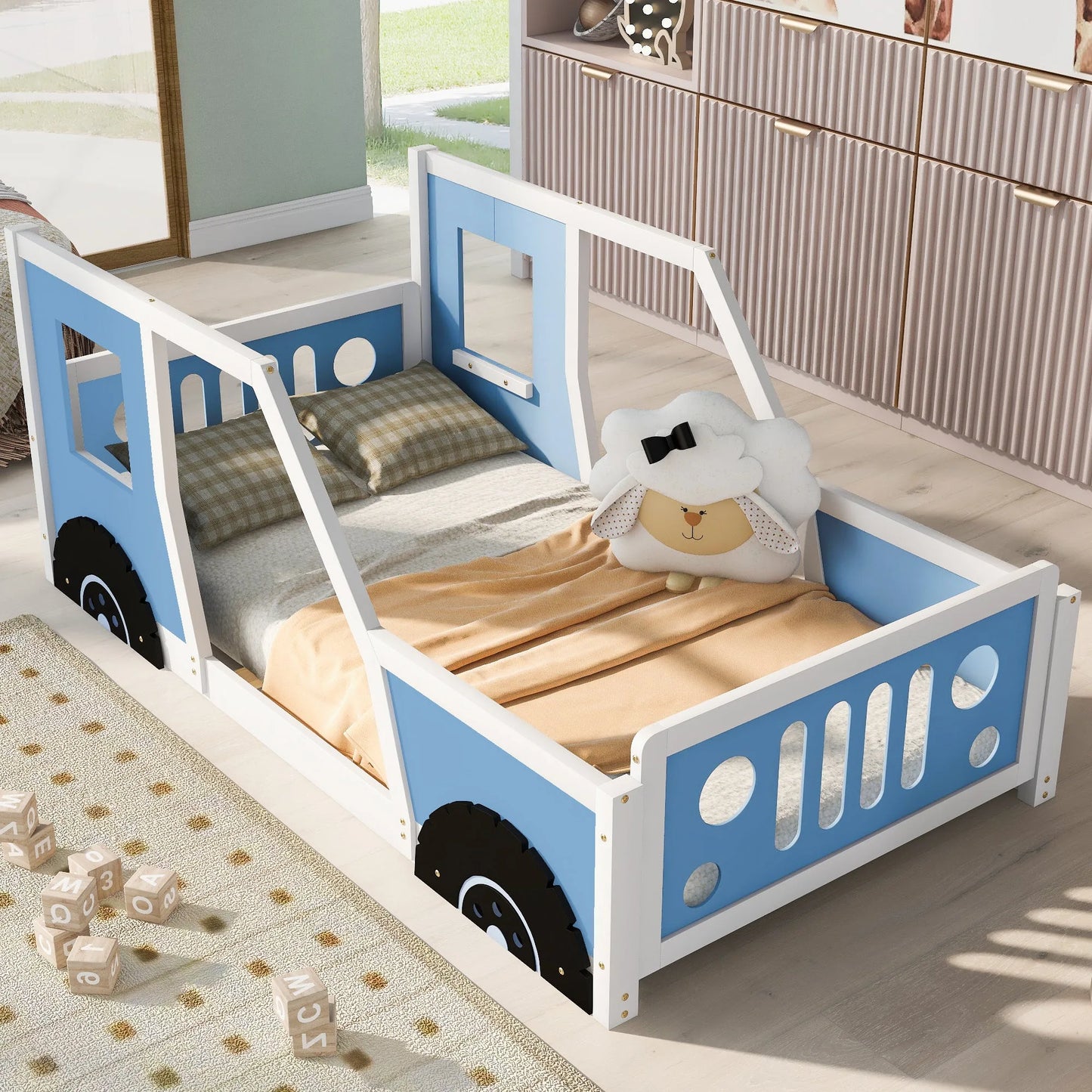 Blue Twin Size Classic Car-Shaped Platform Bed with Wheels, Pine Wood and MDF, 77.4''L x 41.7''W x 32''H detail view 4