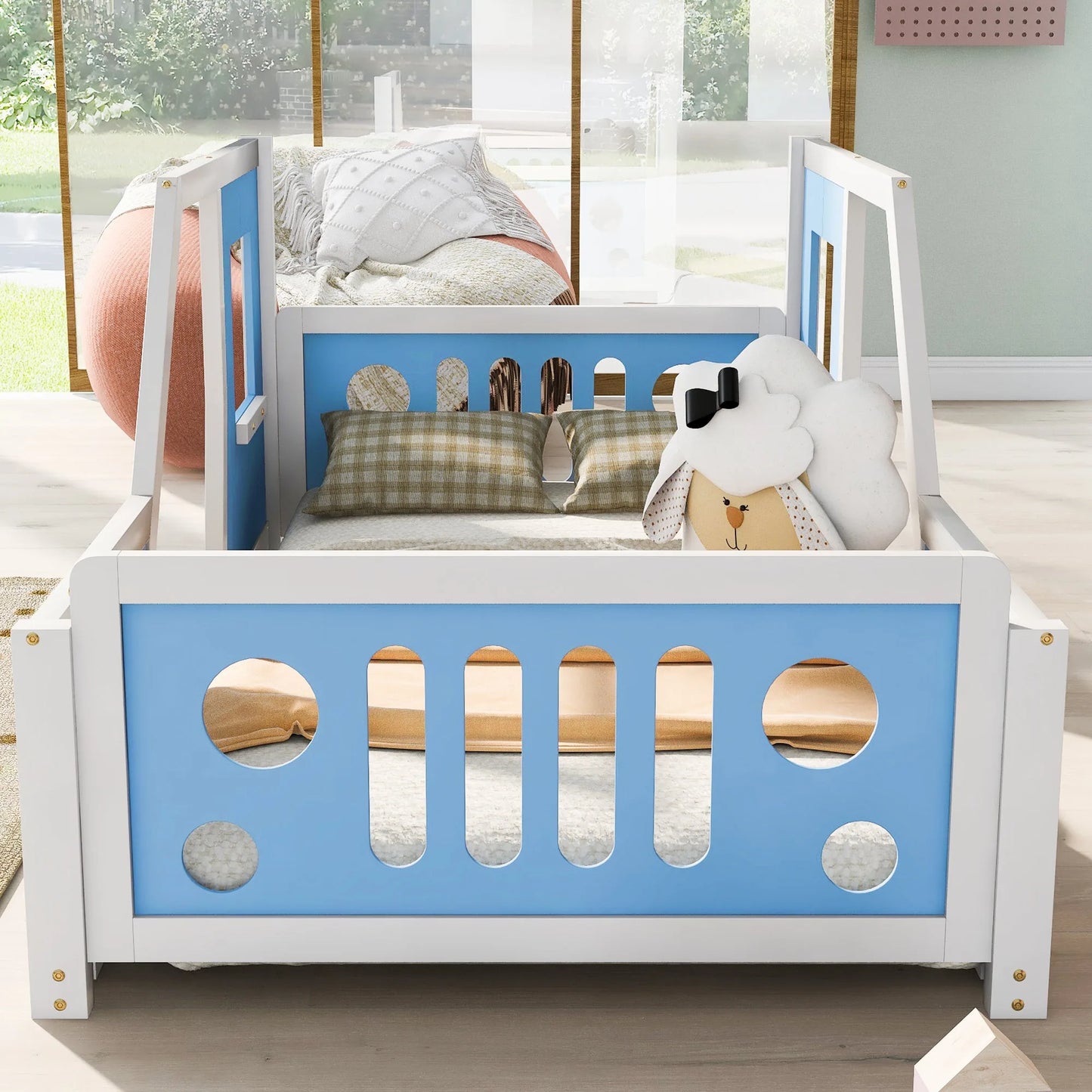 Blue Twin Size Classic Car-Shaped Platform Bed with Wheels, Pine Wood and MDF, 77.4''L x 41.7''W x 32''H detail view 5