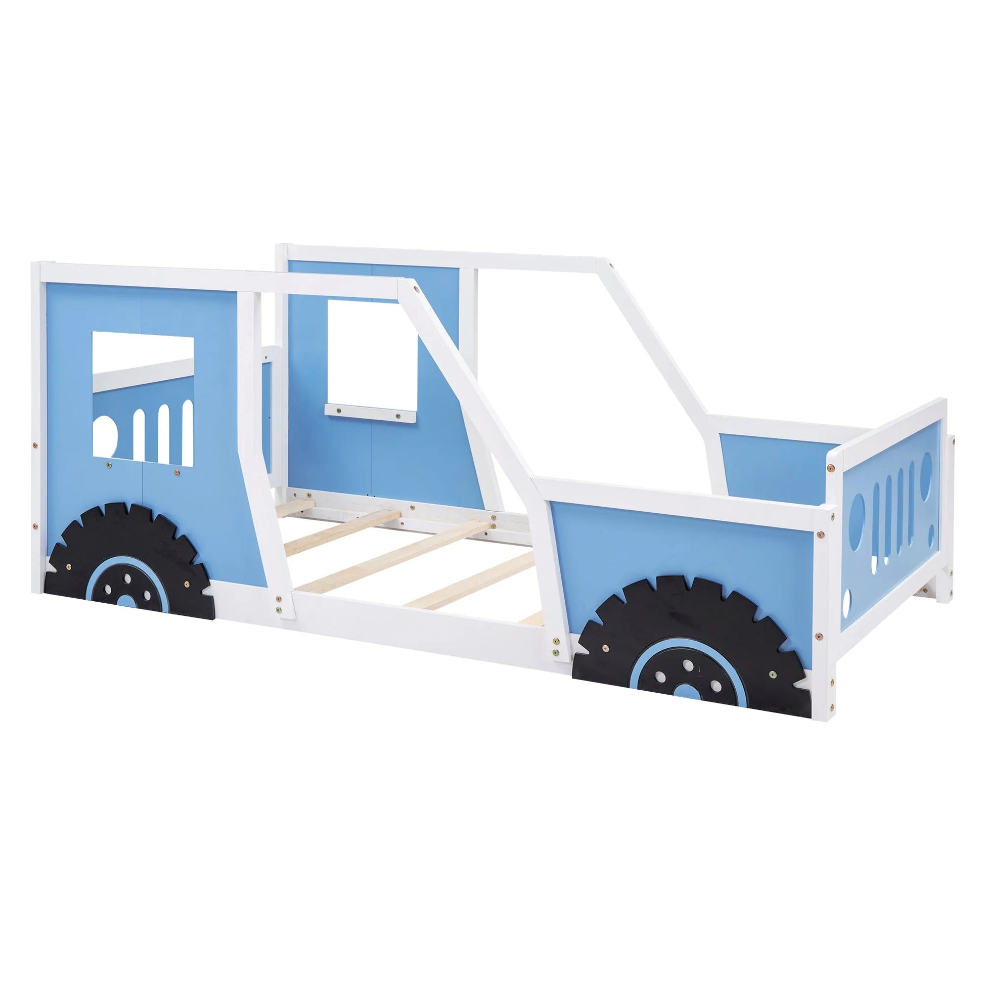 Blue Twin Size Classic Car-Shaped Platform Bed with Wheels, Pine Wood and MDF, 77.4''L x 41.7''W x 32''H detail view 6