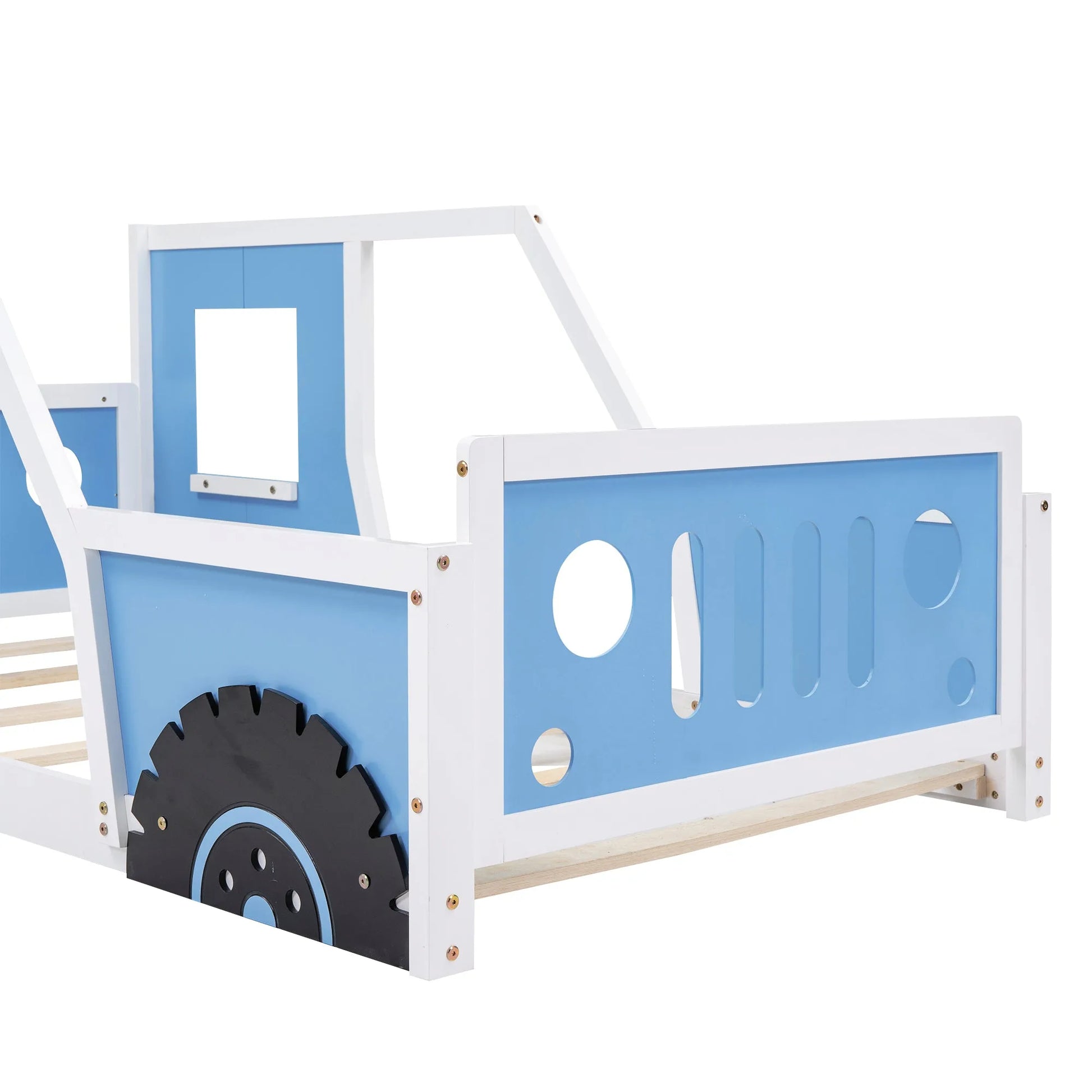 Blue Twin Size Classic Car-Shaped Platform Bed with Wheels, Pine Wood and MDF, 77.4''L x 41.7''W x 32''H detail view 7