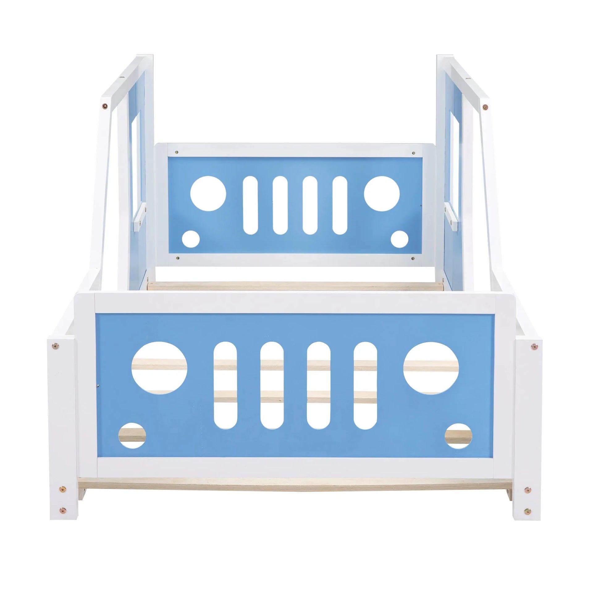 Blue Twin Size Classic Car-Shaped Platform Bed with Wheels, Pine Wood and MDF, 77.4''L x 41.7''W x 32''H detail view 8