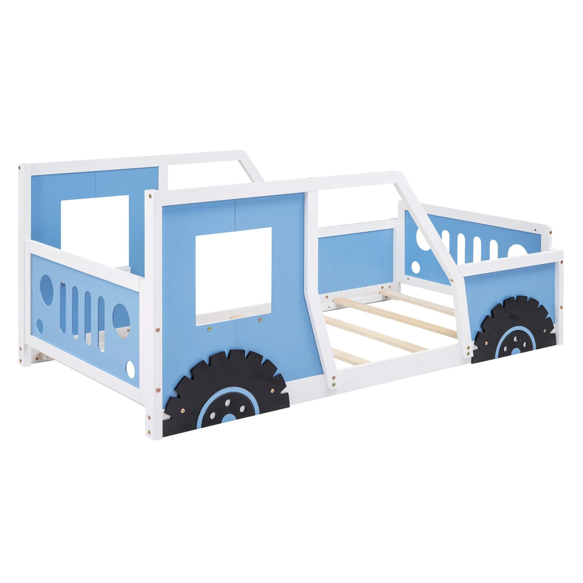 Blue Twin Size Classic Car-Shaped Platform Bed with Wheels, Pine Wood and MDF, 77.4''L x 41.7''W x 32''H detail view 9