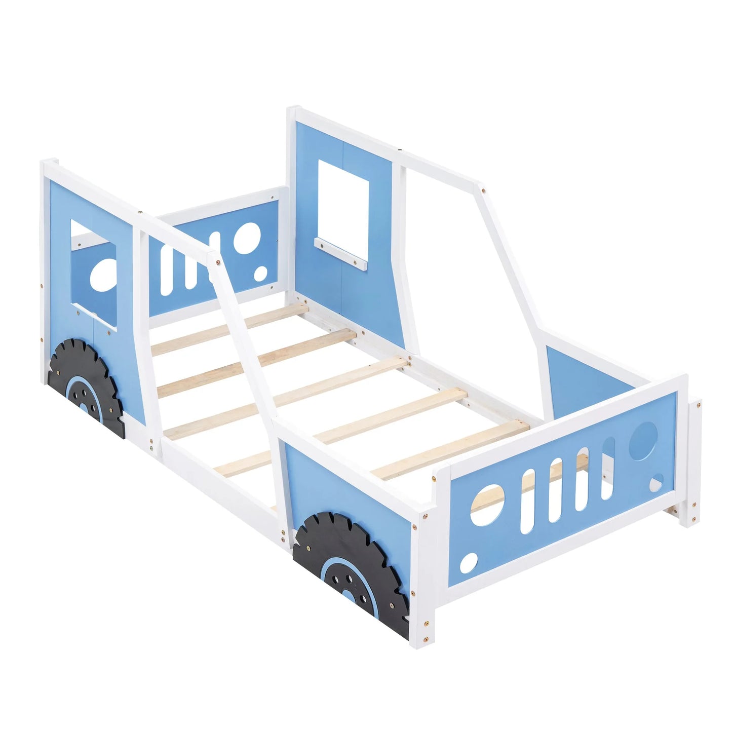 Blue Twin Size Classic Car-Shaped Platform Bed with Wheels, Pine Wood and MDF, 77.4''L x 41.7''W x 32''H detail view 10