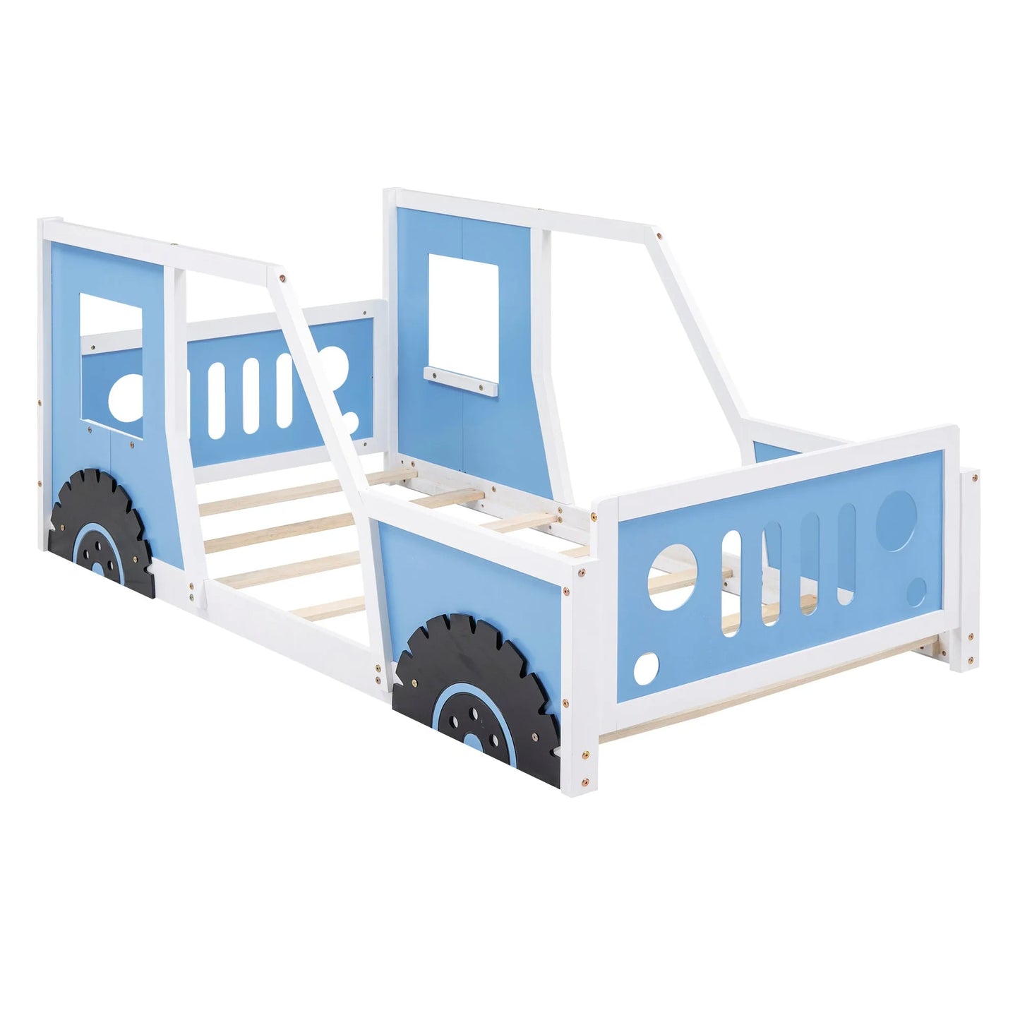 Blue Twin Size Classic Car-Shaped Platform Bed with Wheels, Pine Wood and MDF, 77.4''L x 41.7''W x 32''H detail view 11