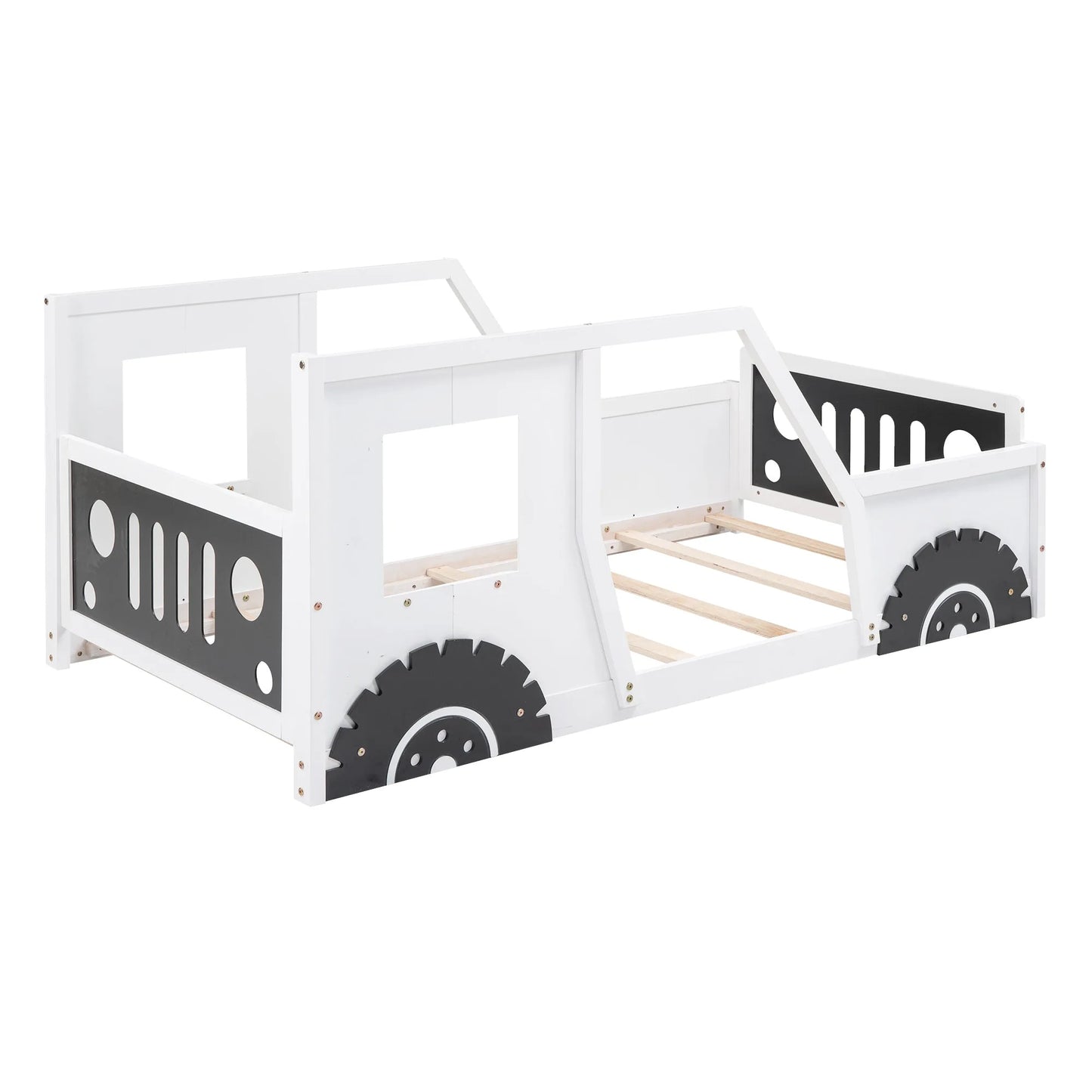 Blue Twin Size Classic Car-Shaped Platform Bed with Wheels, Pine Wood and MDF, 77.4''L x 41.7''W x 32''H detail view 12