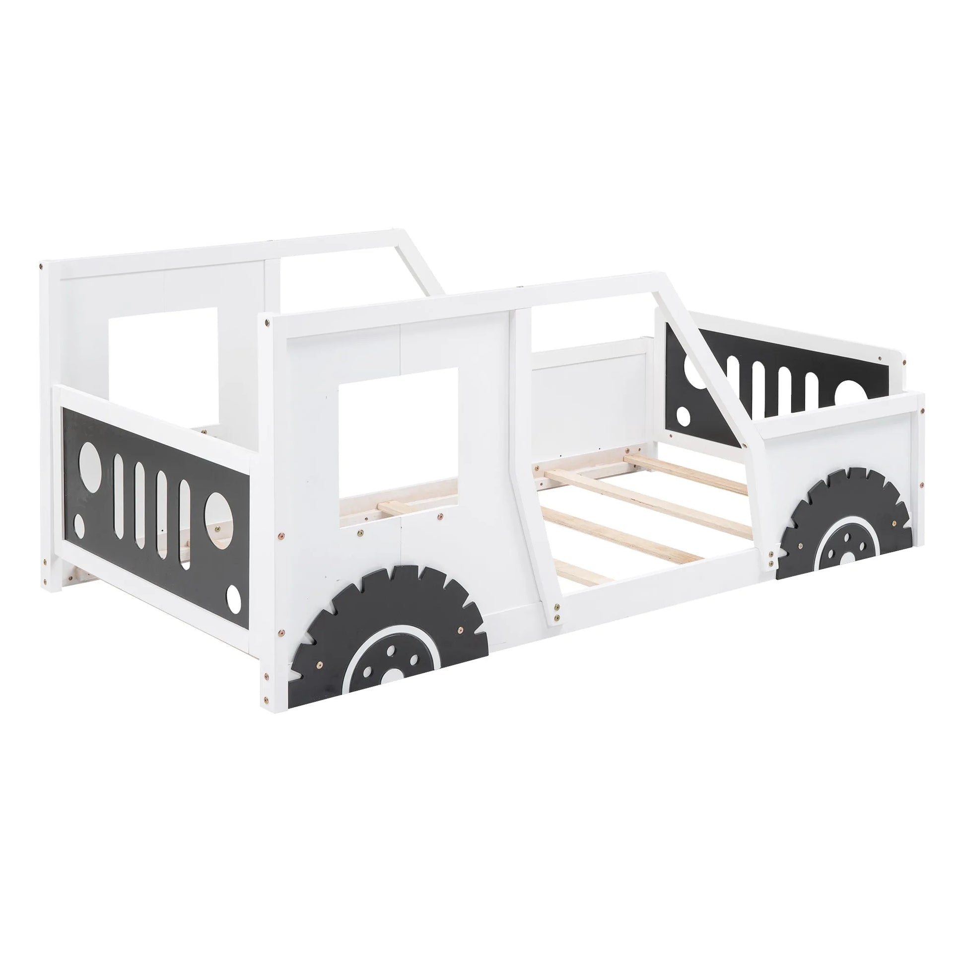 Blue Twin Size Classic Car-Shaped Platform Bed with Wheels, Pine Wood and MDF, 77.4''L x 41.7''W x 32''H detail view 12