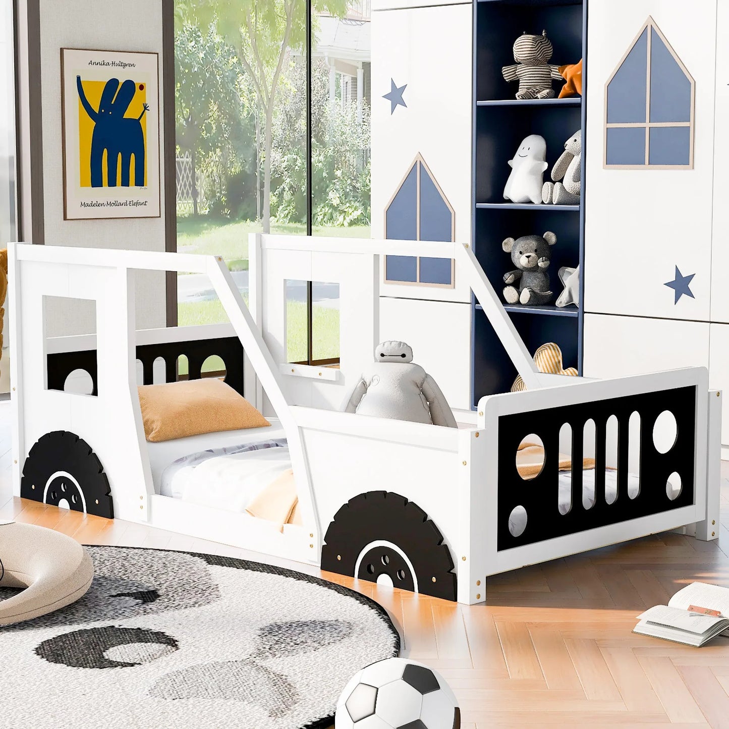 Blue Twin Size Classic Car-Shaped Platform Bed with Wheels, Pine Wood and MDF, 77.4''L x 41.7''W x 32''H detail view 13