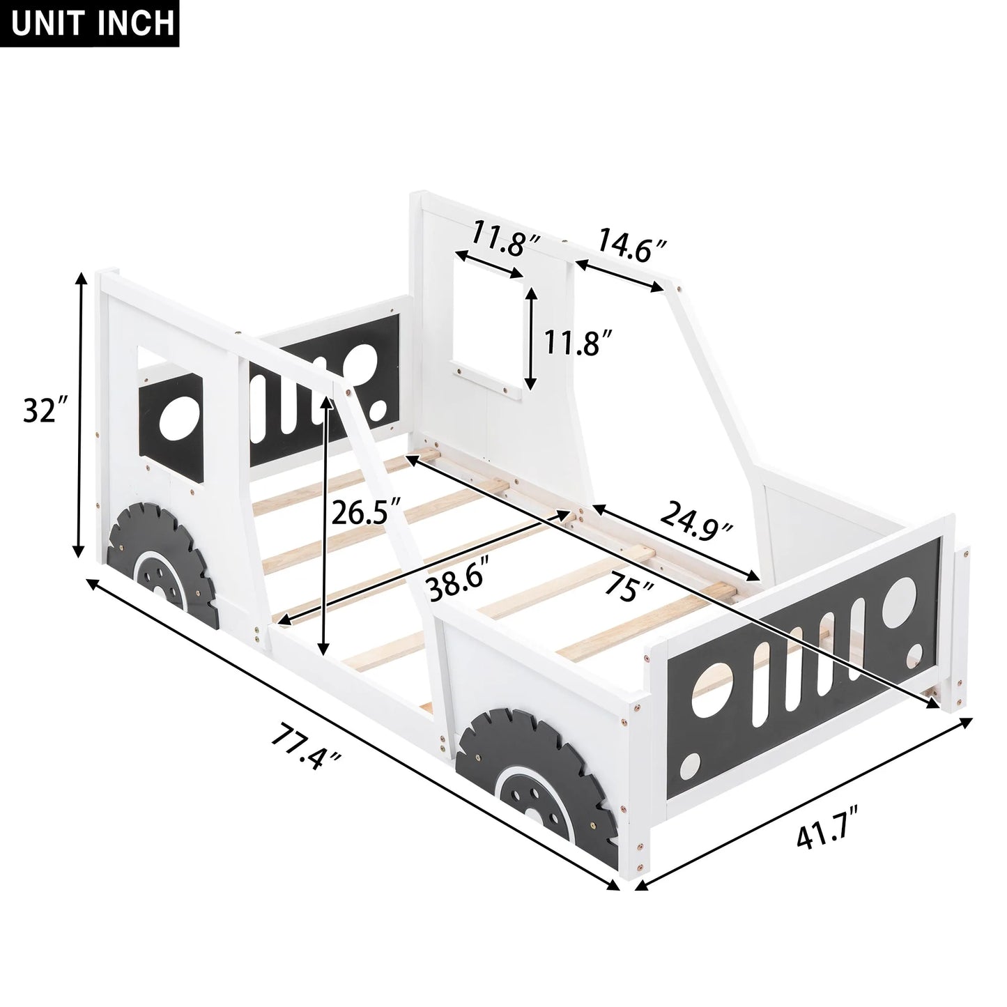 Blue Twin Size Classic Car-Shaped Platform Bed with Wheels, Pine Wood and MDF, 77.4''L x 41.7''W x 32''H detail view 14