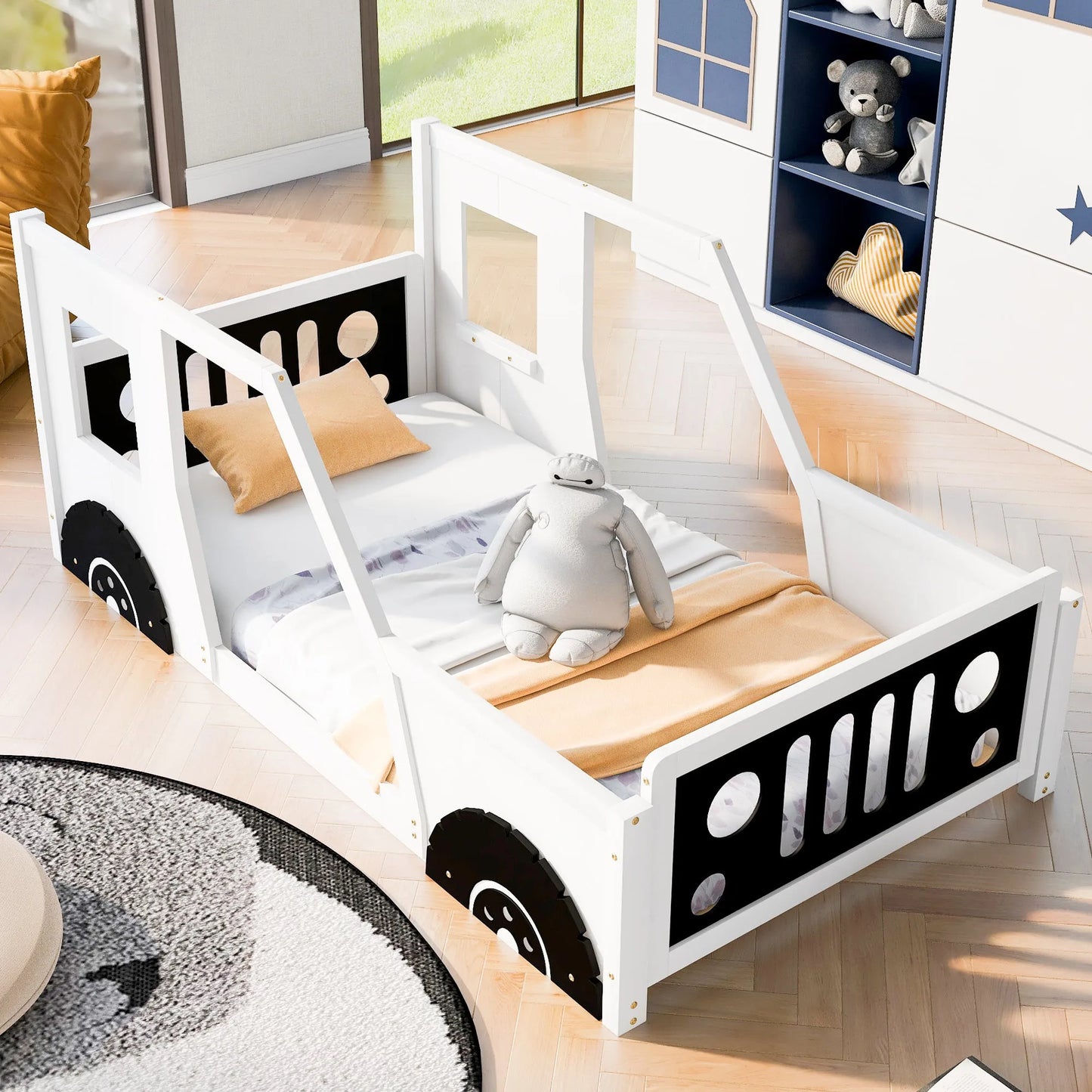 Blue Twin Size Classic Car-Shaped Platform Bed with Wheels, Pine Wood and MDF, 77.4''L x 41.7''W x 32''H detail view 15