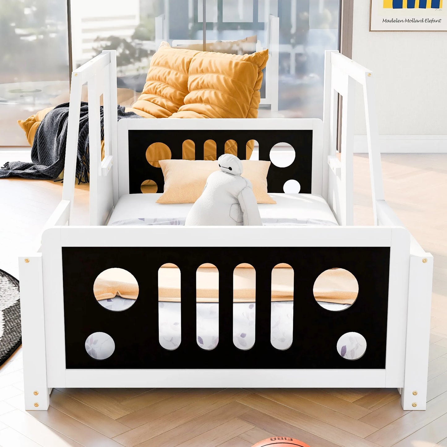 Blue Twin Size Classic Car-Shaped Platform Bed with Wheels, Pine Wood and MDF, 77.4''L x 41.7''W x 32''H detail view 16