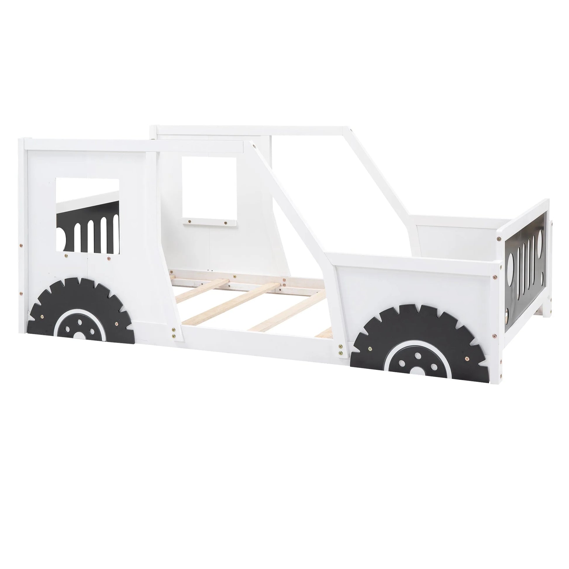 Blue Twin Size Classic Car-Shaped Platform Bed with Wheels, Pine Wood and MDF, 77.4''L x 41.7''W x 32''H detail view 17